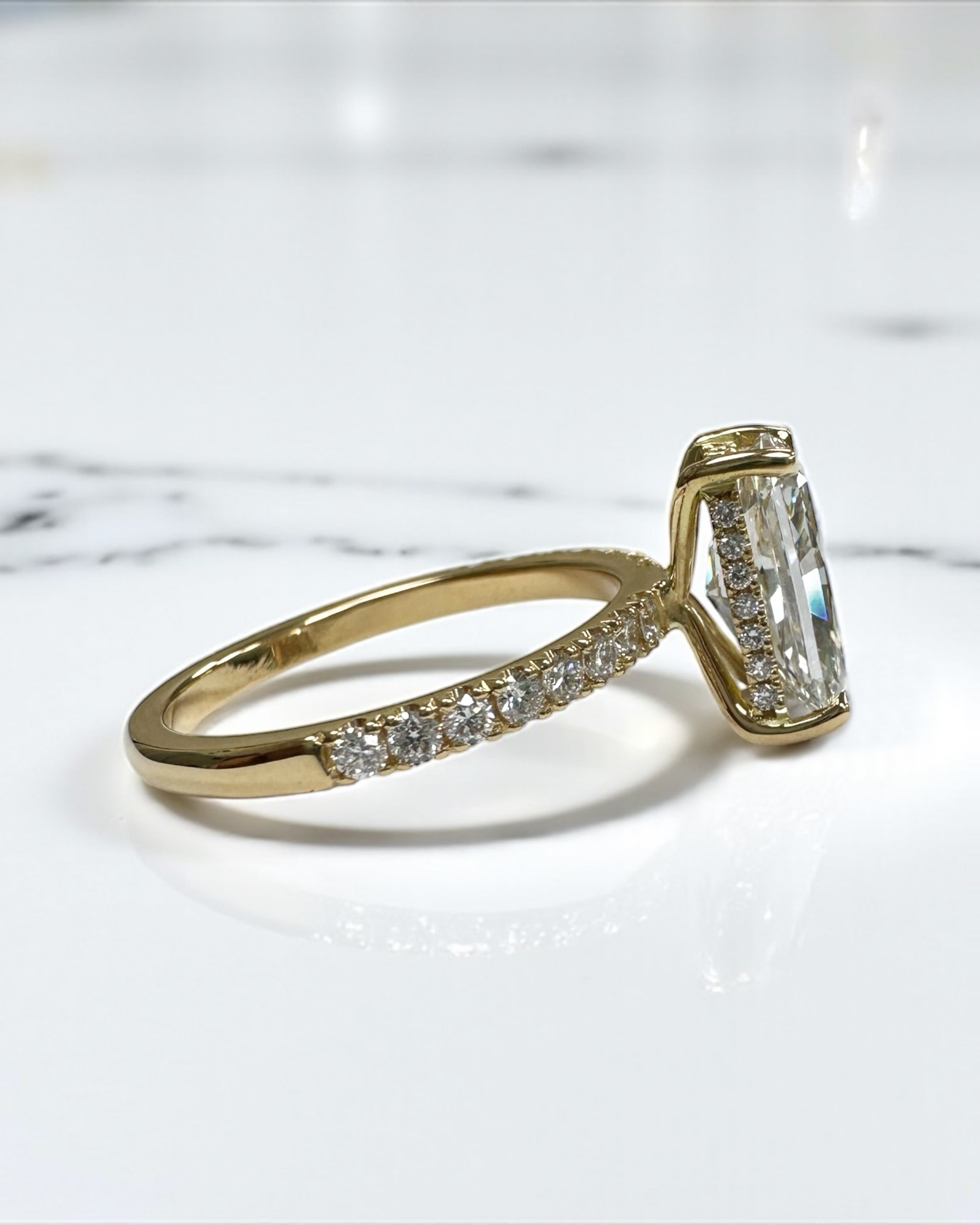 3ct Radiant Hidden Halo lab grown Diamond Engagement Rings in London 18kt yellow gold 