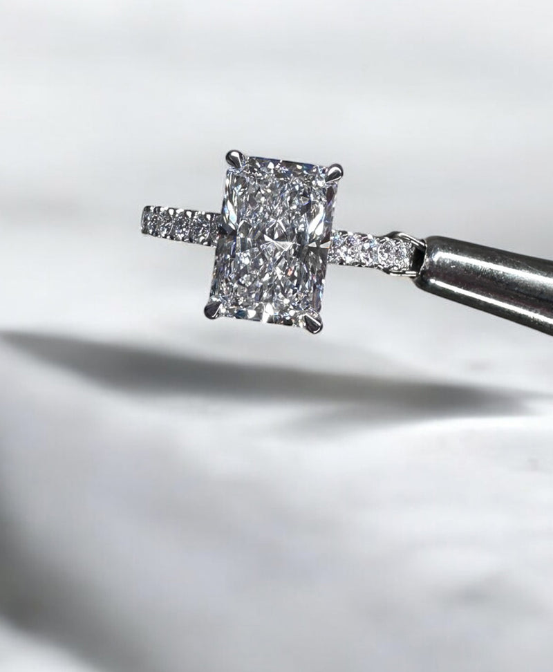 3ct Radiant Cathedral Setting lab grown Diamond Engagement Rings.