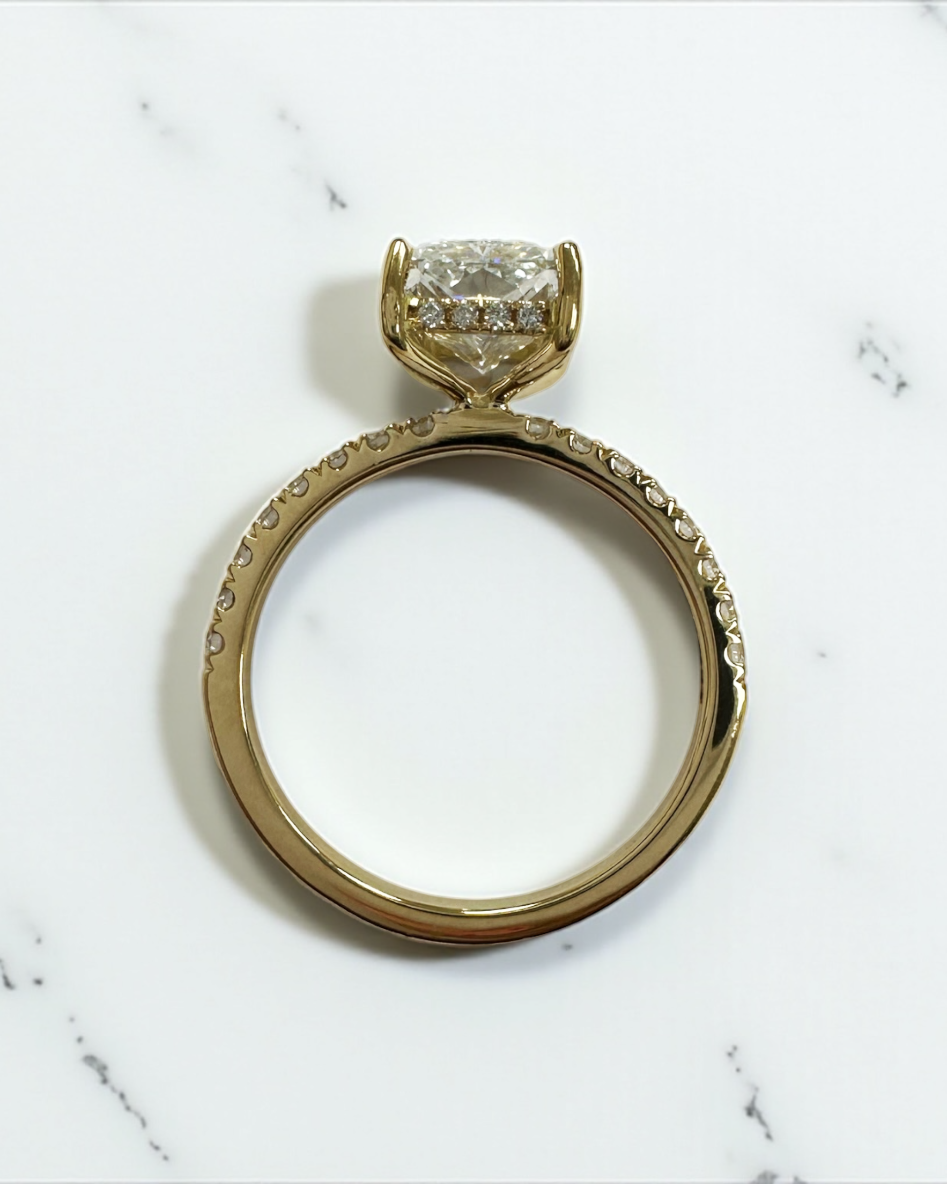 3ct Radiant Hidden Halo lab grown Diamond Engagement Rings in London 18kt yellow gold 