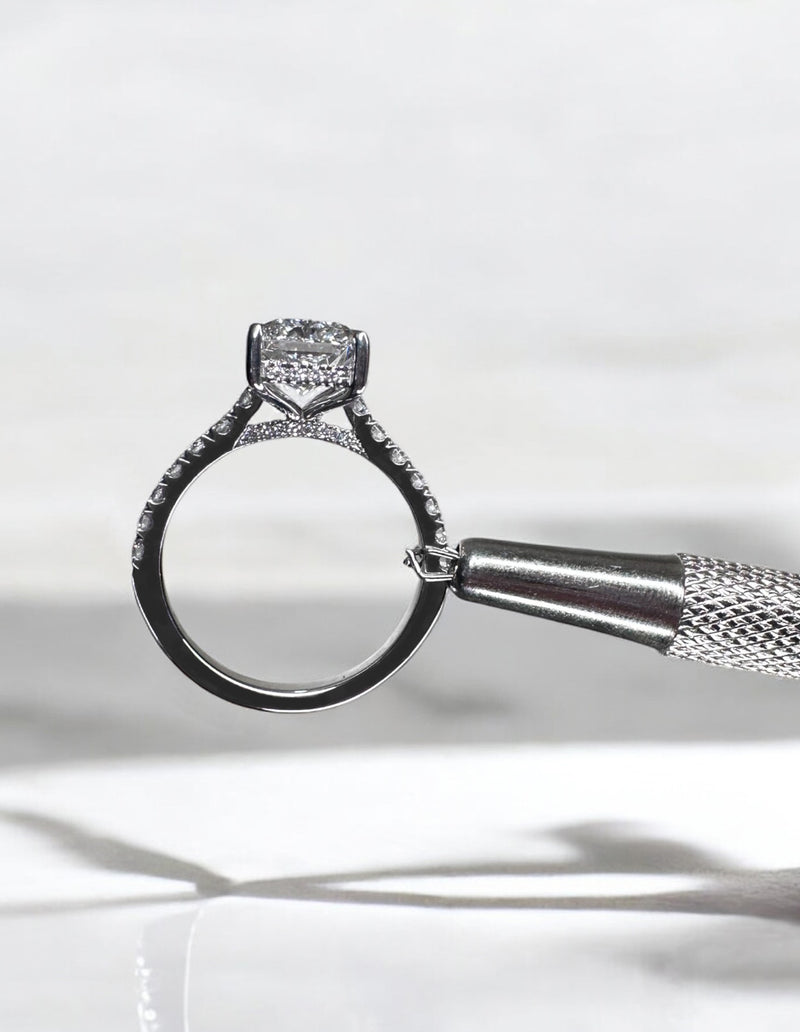 3ct Radiant Cathedral Setting lab grown Diamond Engagement Rings.
