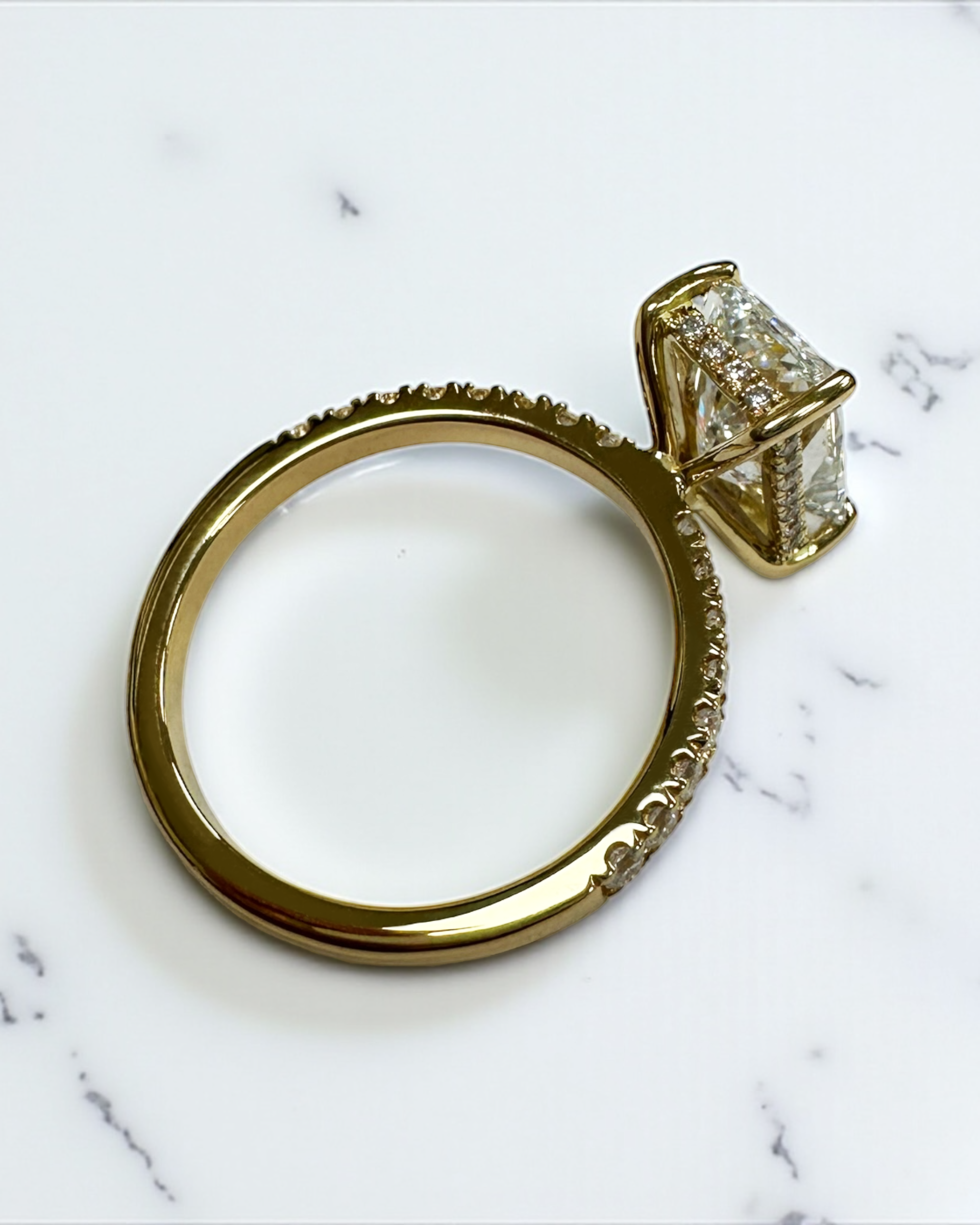 3ct Radiant Hidden Halo lab grown Diamond Engagement Rings in London 18kt yellow gold 