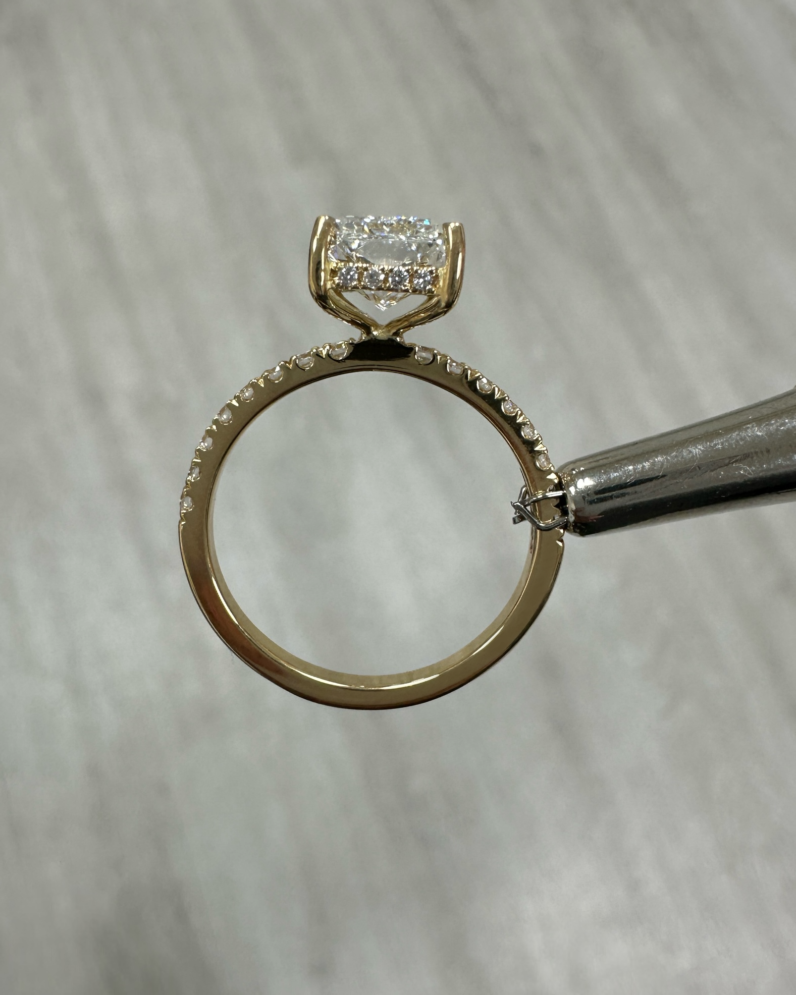 3ct Radiant Hidden Halo lab grown Diamond Engagement Rings in London 18kt yellow gold 