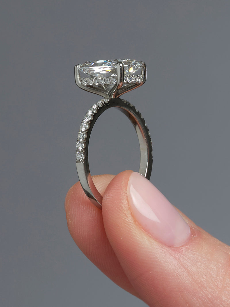 3ct Radiant Hidden Halo lab grown Diamond Engagement Rings in London.