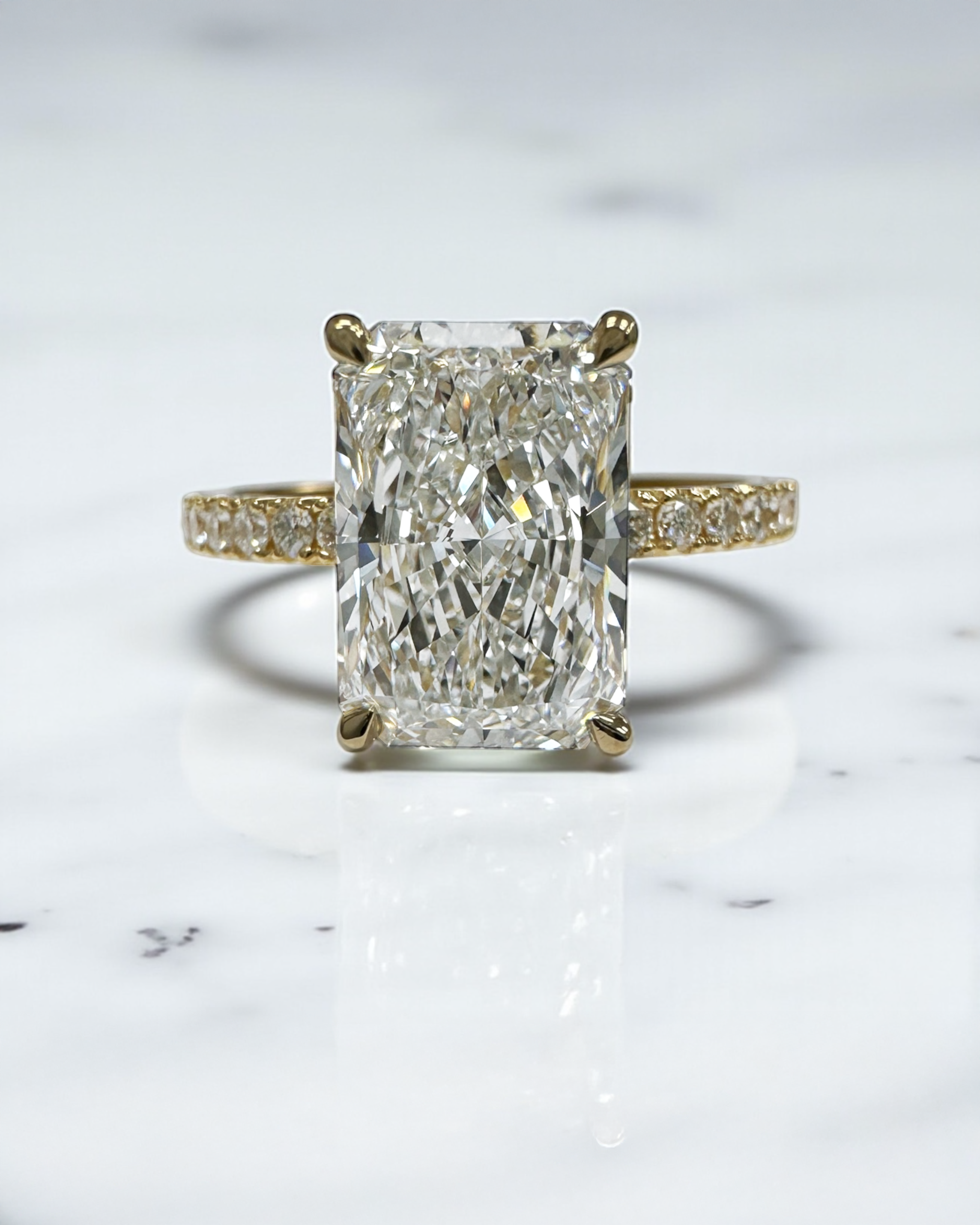 3ct Radiant Hidden Halo lab grown Diamond Engagement Rings in London 18kt yellow gold 