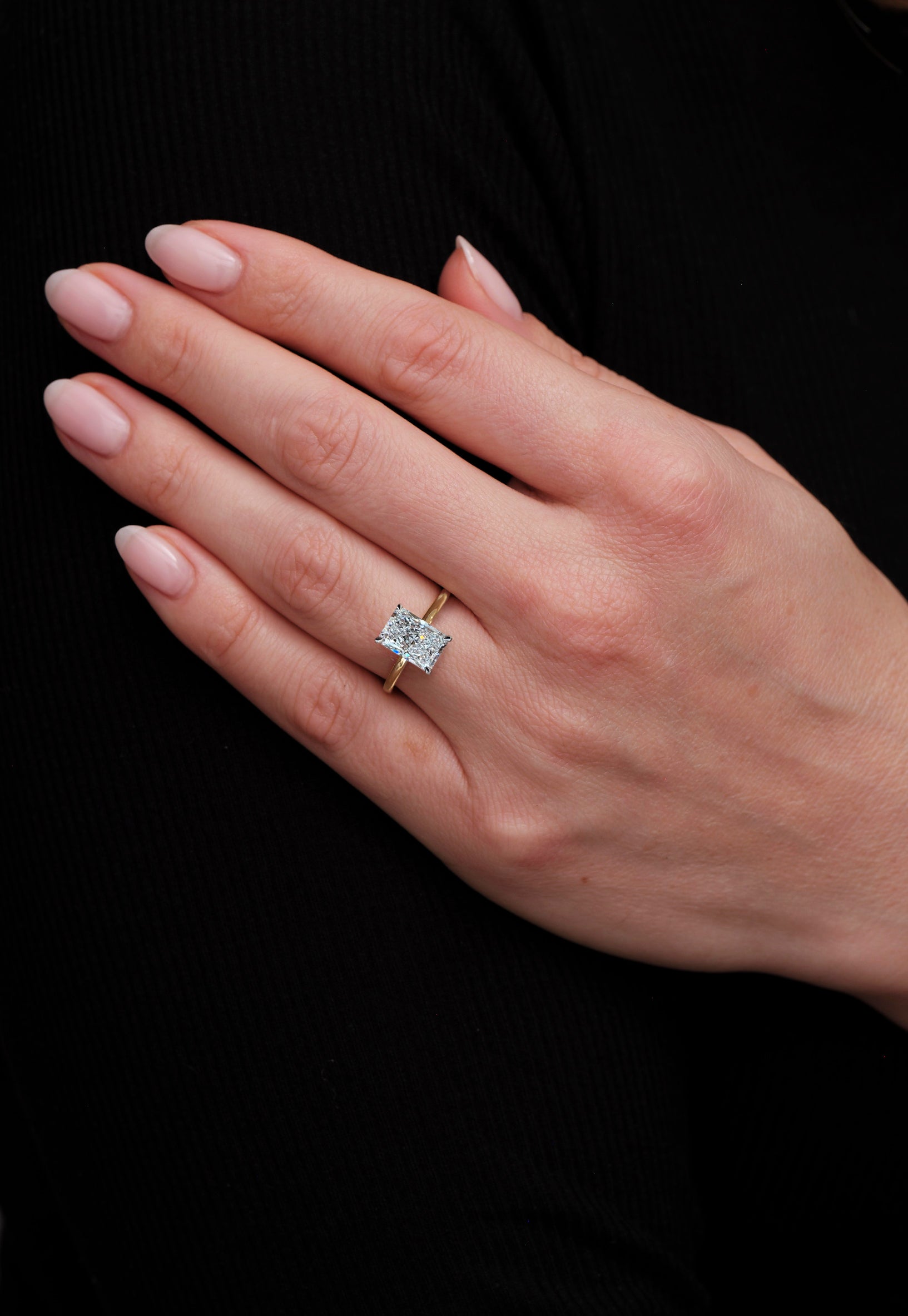 3ct Radiant Lab Grown Diamond Solitaire Engagement Ring with Hidden Halo on hand