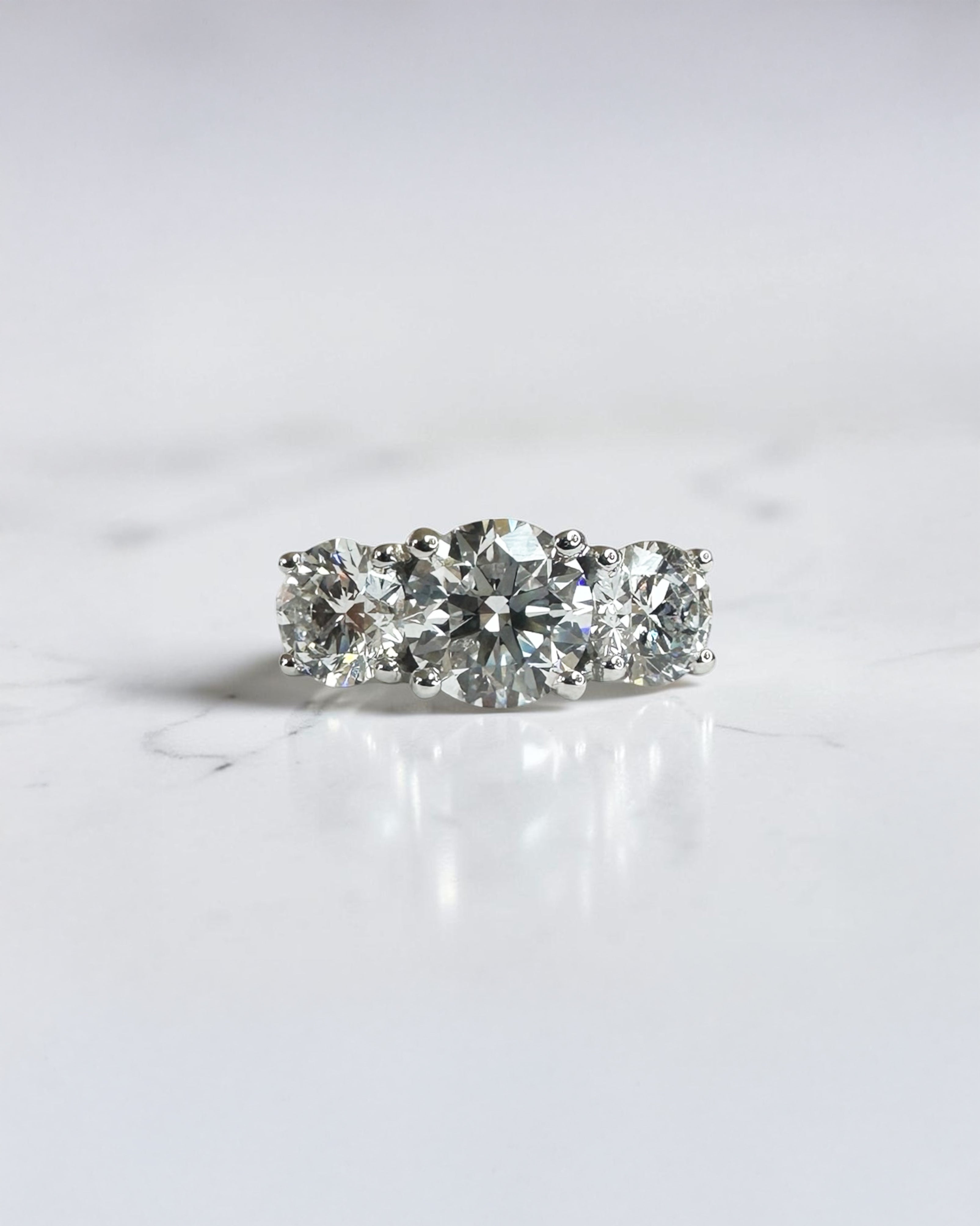 3ct round brilliant cut lab grown diamond trilogy engagement ring with 1.50ct centre diamond and 0.75ct side diamonds in platinum or white gold