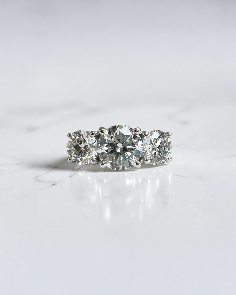 3ct round brilliant cut lab grown diamond trilogy engagement ring with 1.50ct centre diamond and 0.75ct side diamonds in platinum or white gold