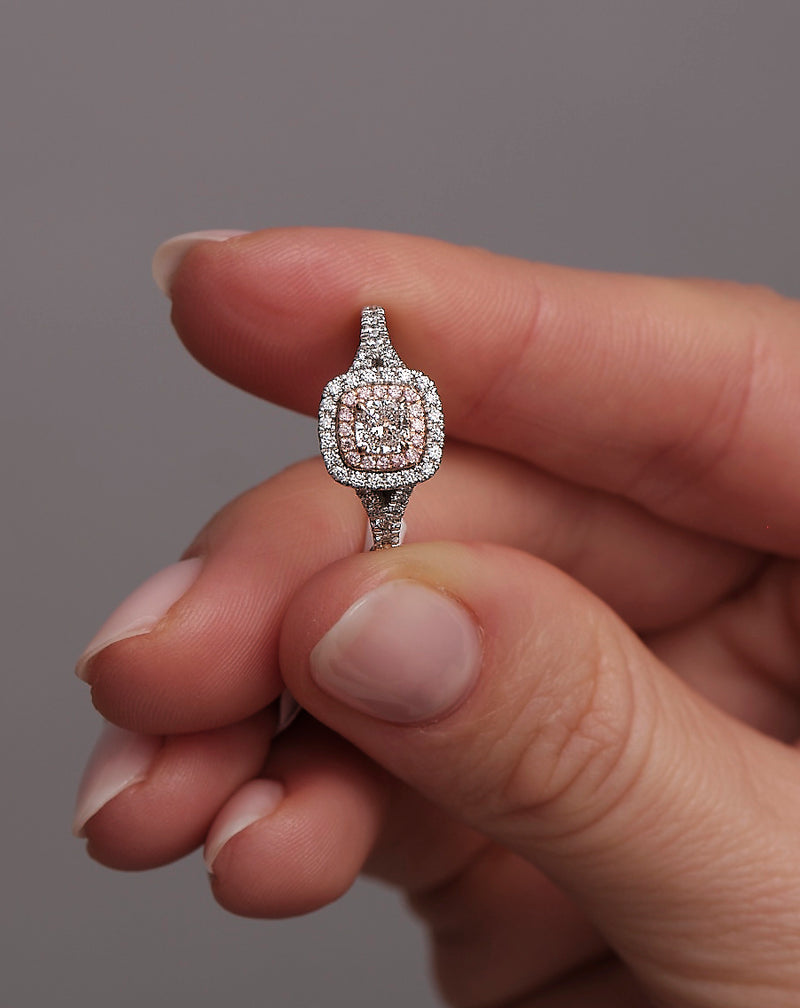 Cushion Cut Pink Diamonds Double Halo Lab Grown Engagement Rings.