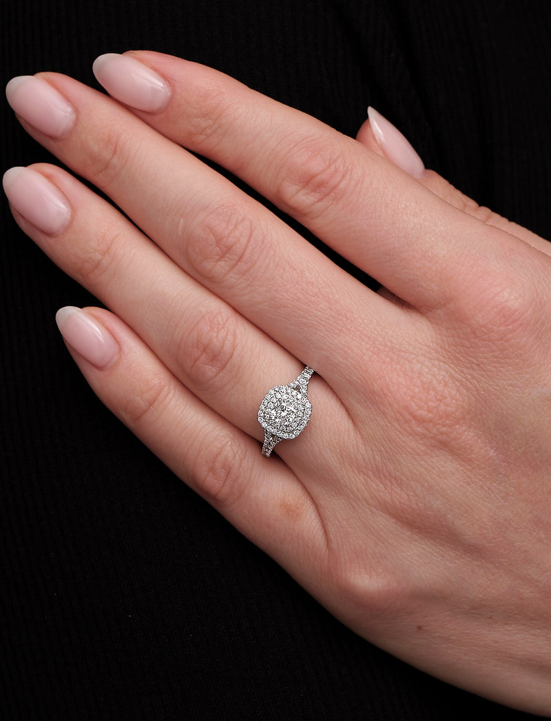 0.50ct Cushion Split Shoulder Halo Lab Grown Diamond Engagement Rings.