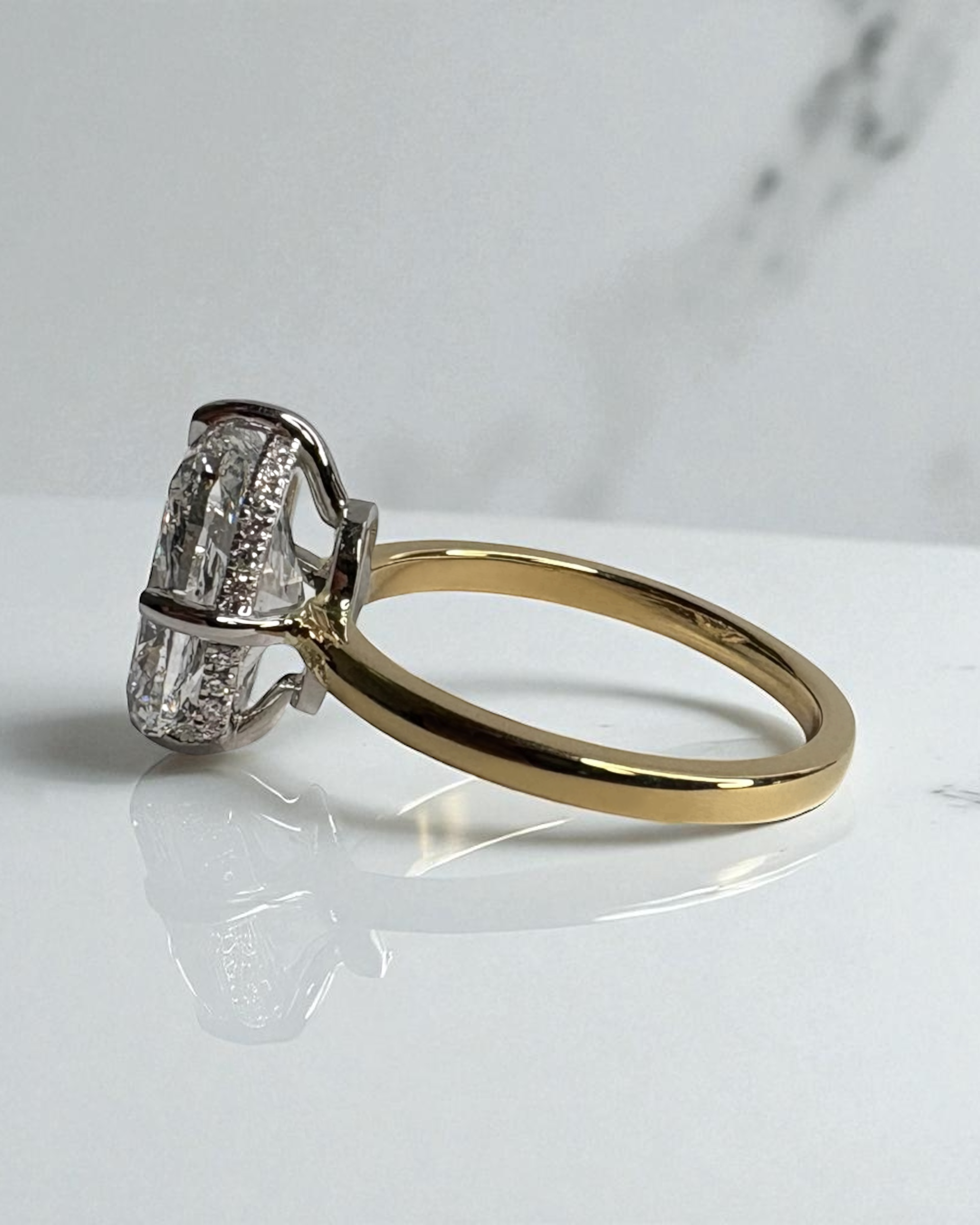 4ct elongated cushion cut lab grown diamond solitaire 18kt yellow gold engagement ring two tone