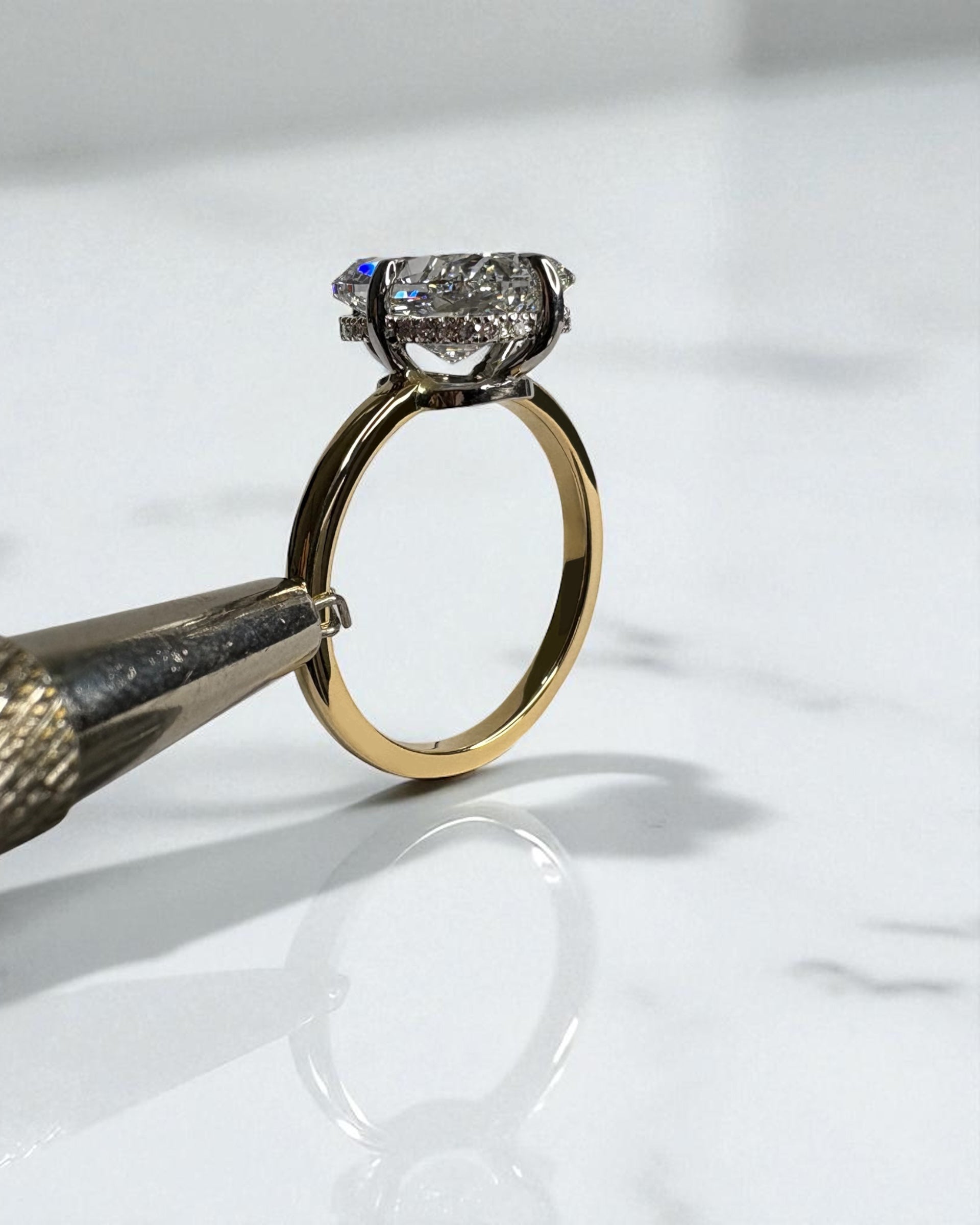 4ct elongated cushion cut lab grown diamond solitaire 18kt yellow gold engagement ring two tone