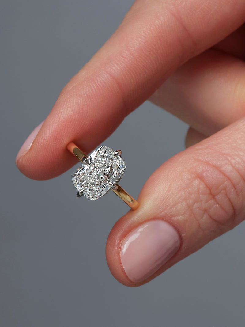 4ct elongated cushion cut lab grown diamond solitaire 18kt yellow gold engagement ring two tone