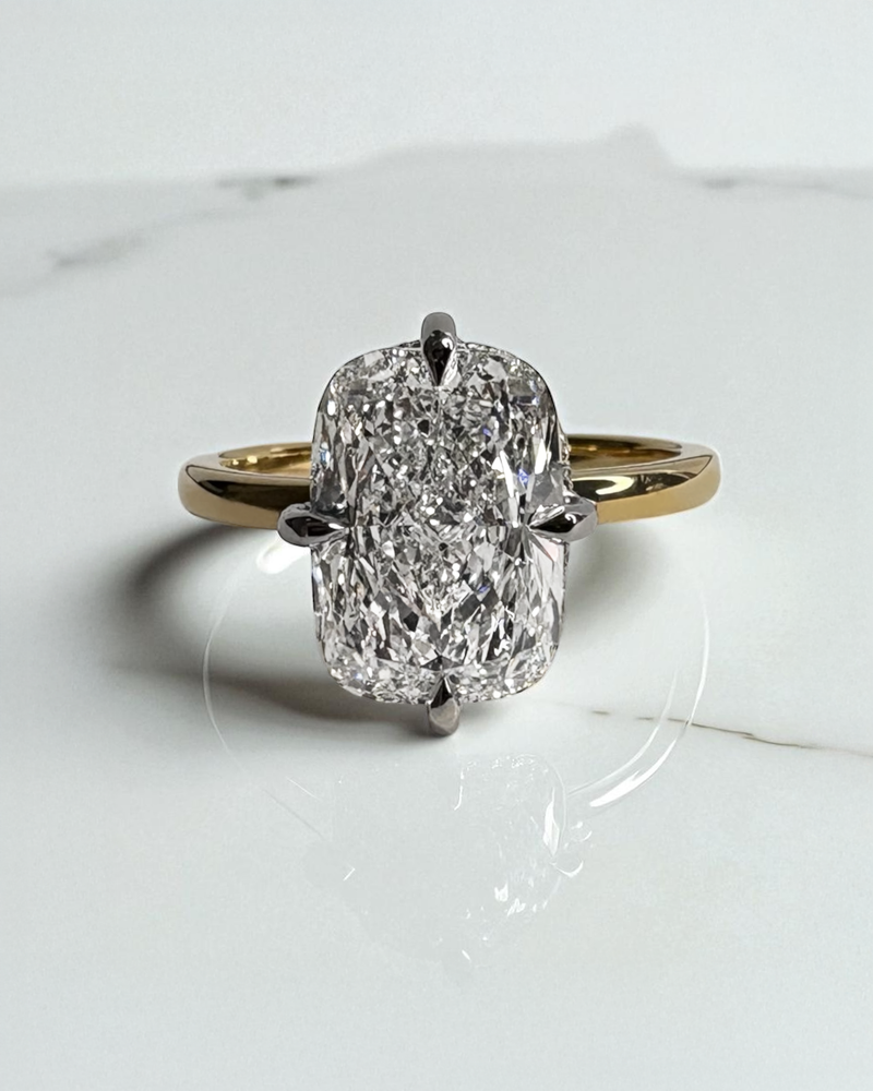 4ct elongated cushion cut lab grown diamond solitaire 18kt yellow gold engagement ring two tone