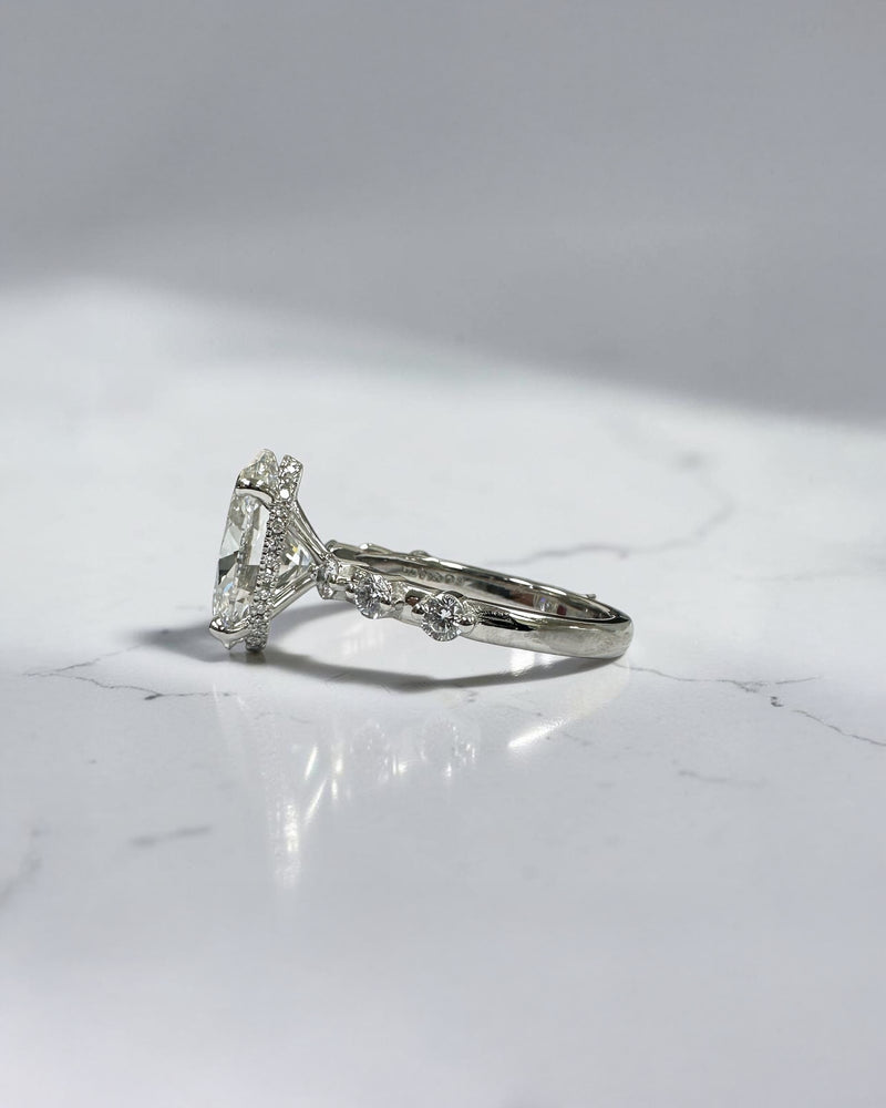 4ct oval lab grown diamond hidden halo engagement ring with floating cathedral setting and spaced diamond band in platinum.