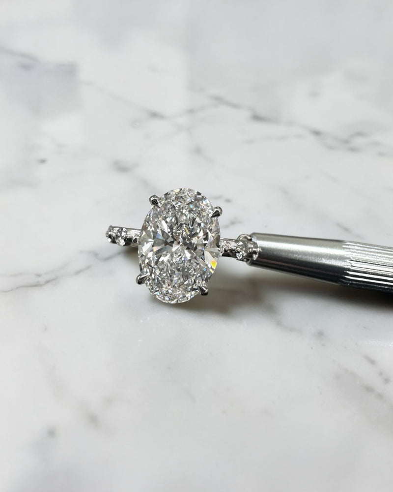 4ct oval lab grown diamond hidden halo engagement ring with floating cathedral setting and spaced diamond band in platinum.