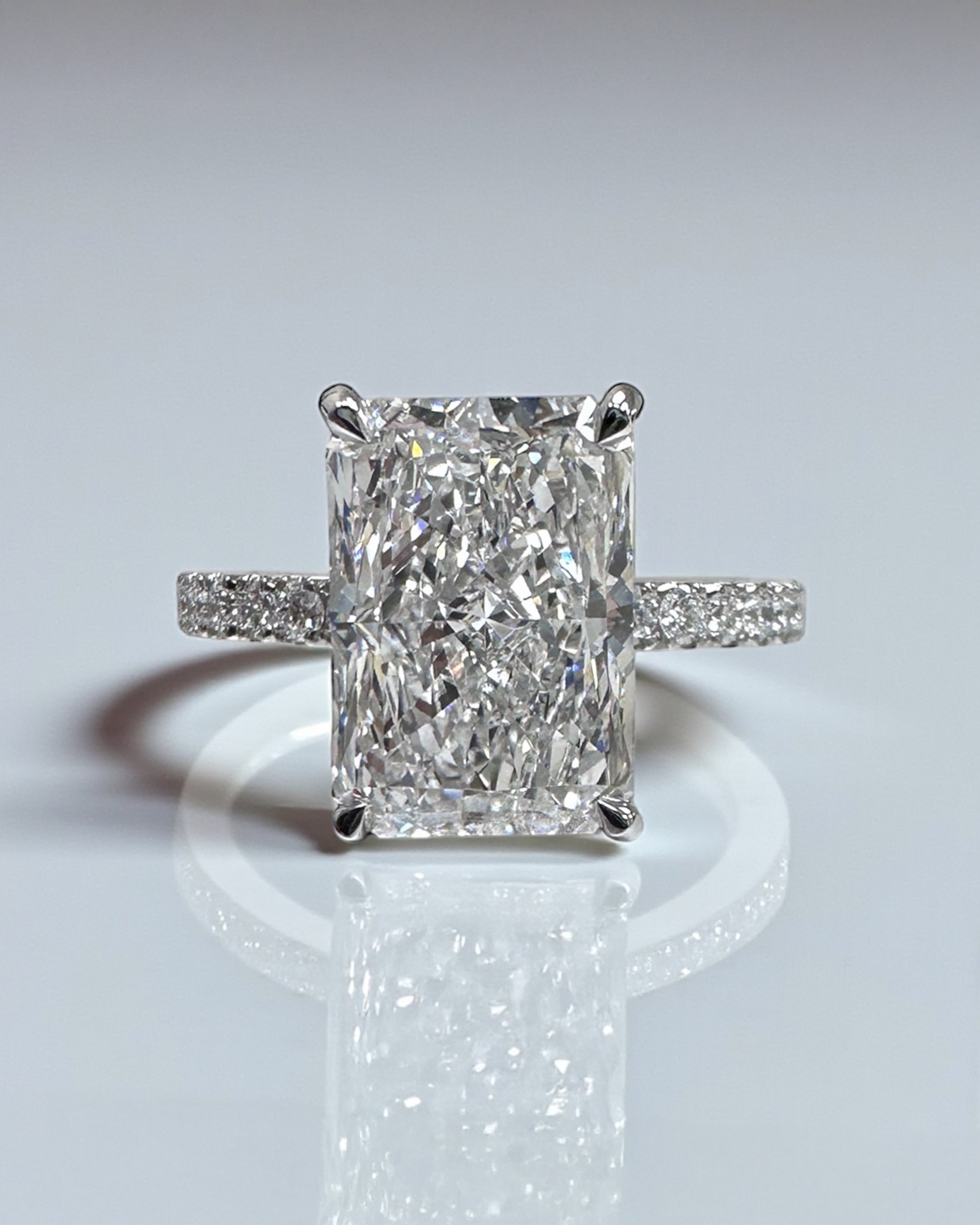 4ct radiant cut lab grown diamond engagement ring, platinum, handcrafted in our London workshop, Layla Diamonds