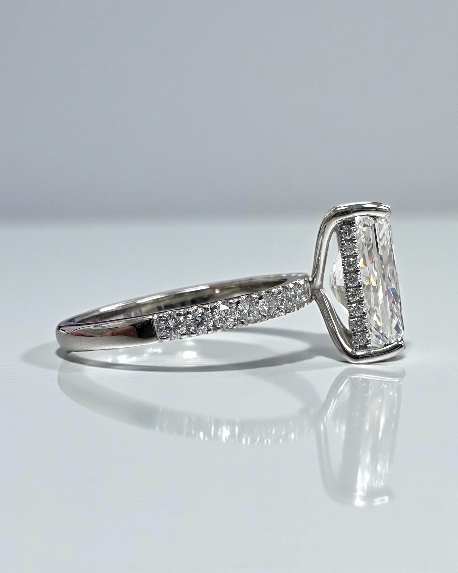 4ct radiant cut lab grown diamond engagement ring, platinum, handcrafted in our London workshop, Layla Diamonds