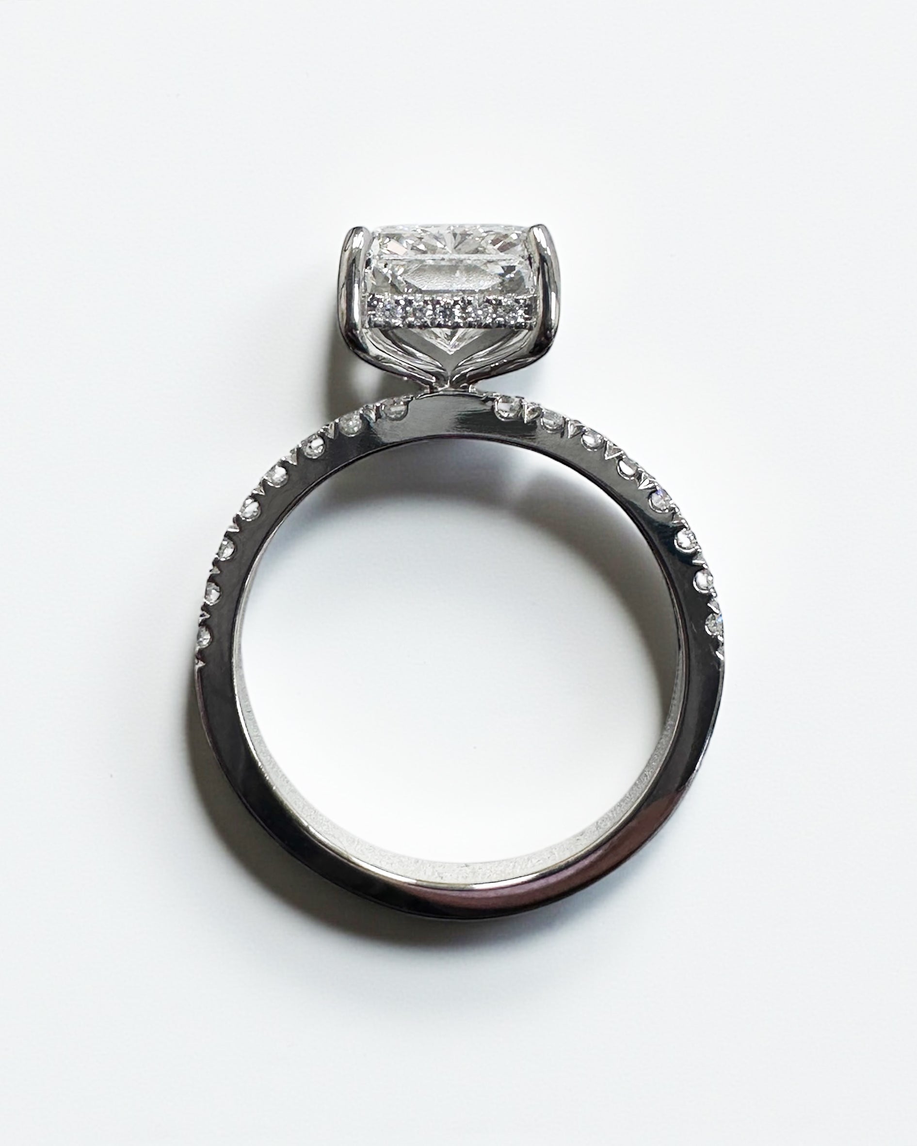 4ct radiant cut lab grown diamond engagement ring, platinum, handcrafted in our London workshop, Layla Diamonds