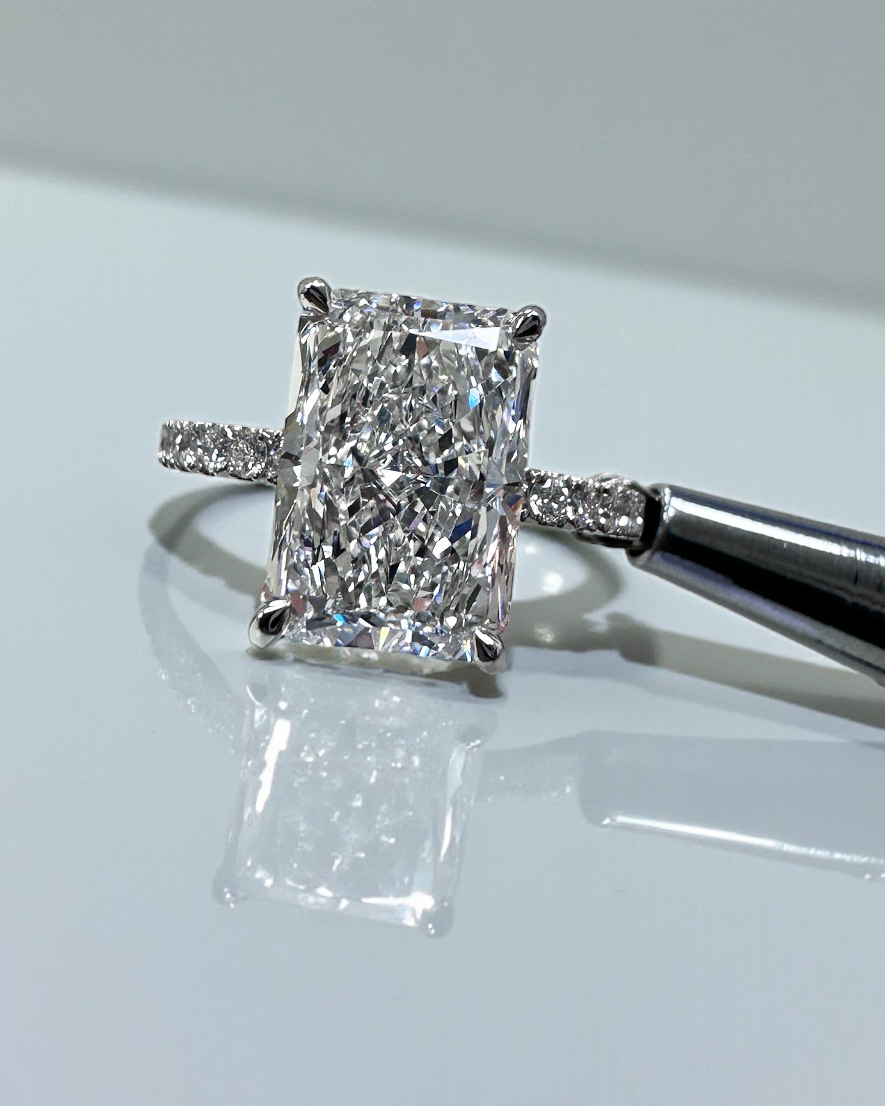 4ct radiant cut lab grown diamond engagement ring, platinum, handcrafted in our London workshop, Layla Diamonds
