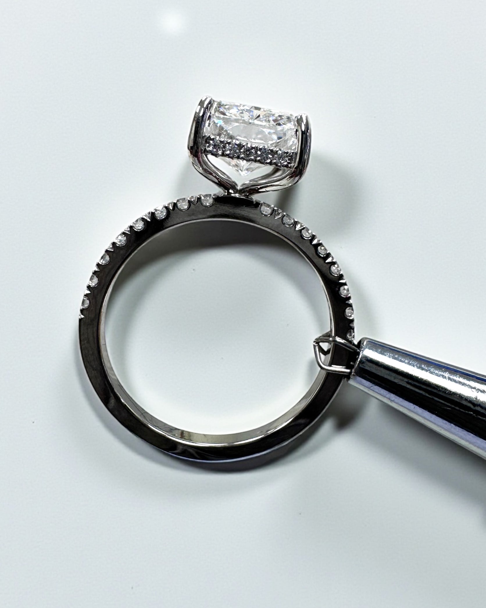 4ct radiant cut lab grown diamond engagement ring, platinum, handcrafted in our London workshop, Layla Diamonds