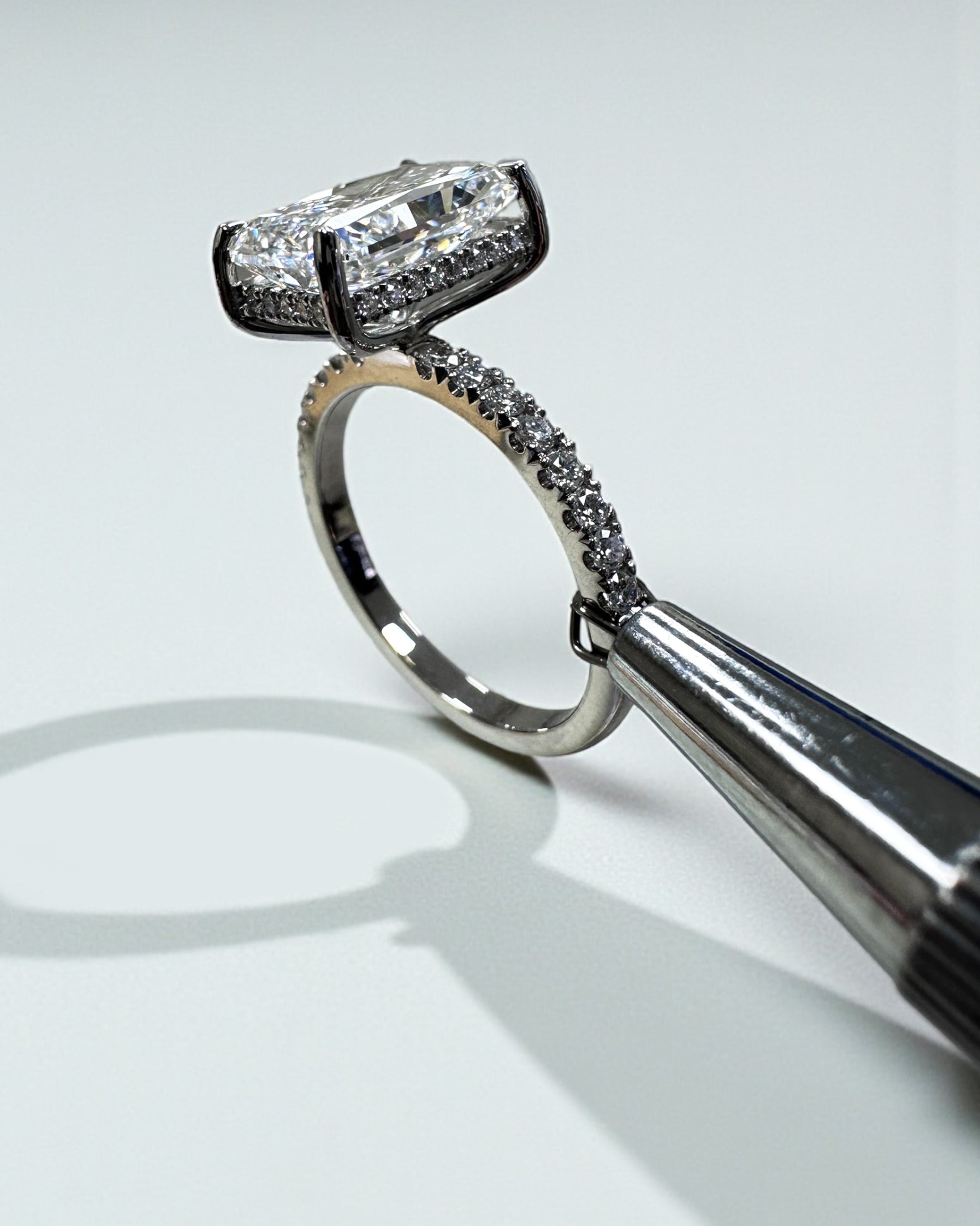 4ct radiant cut lab grown diamond engagement ring, platinum, handcrafted in our London workshop, Layla Diamonds