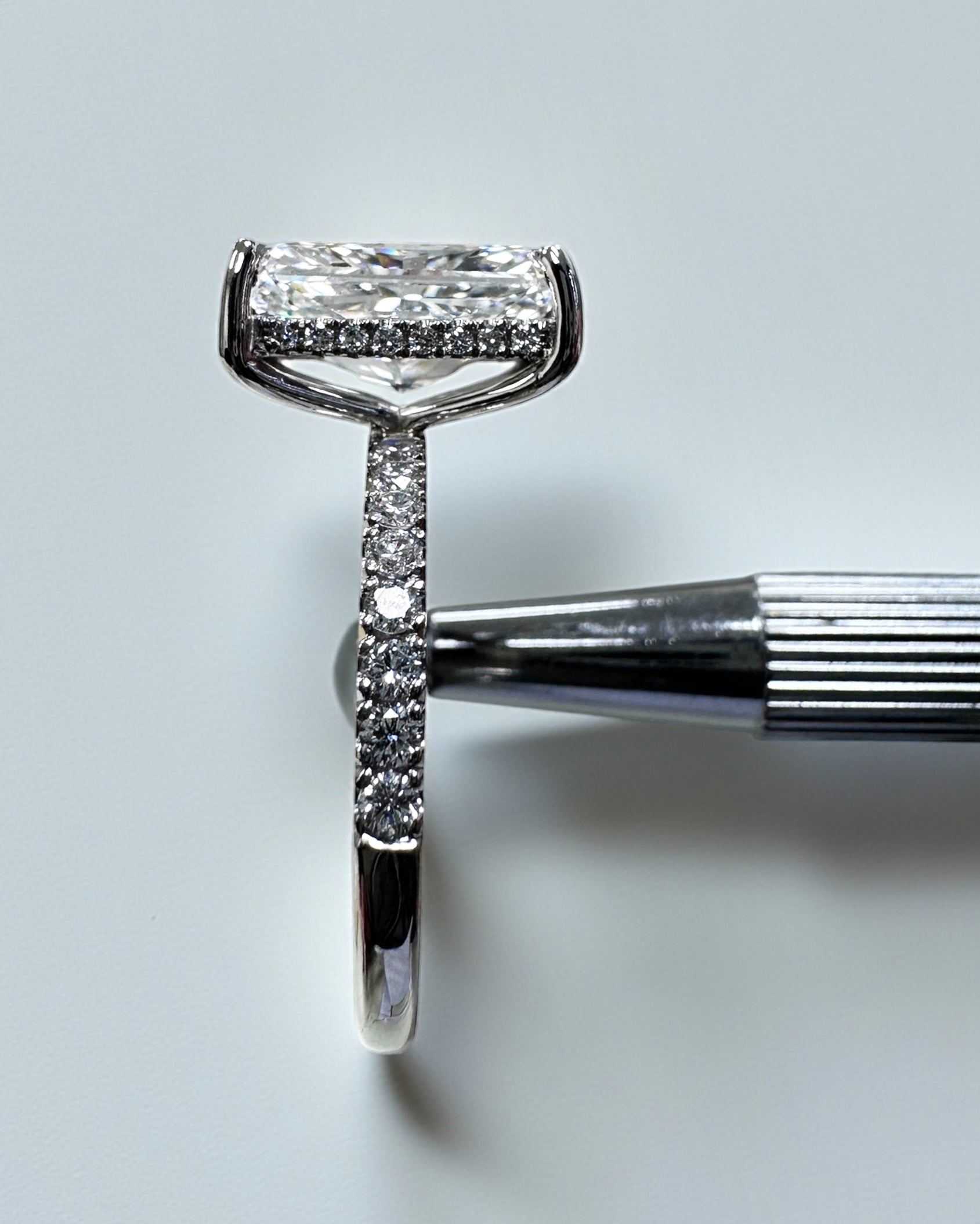 4ct radiant cut lab grown diamond engagement ring, platinum, handcrafted in our London workshop, Layla Diamonds