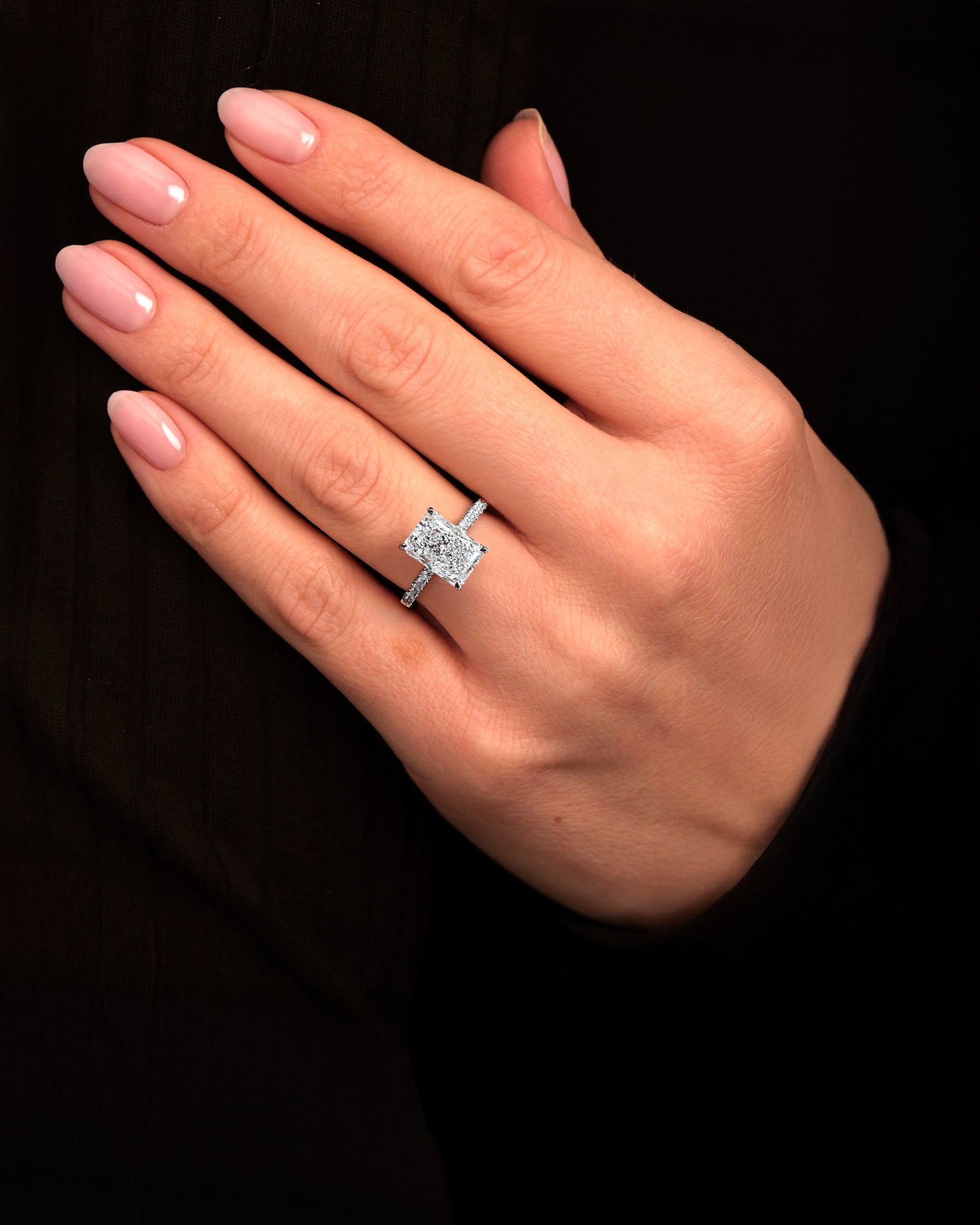 4ct radiant cut lab grown diamond engagement ring, platinum, handcrafted in our London workshop, Layla Diamonds