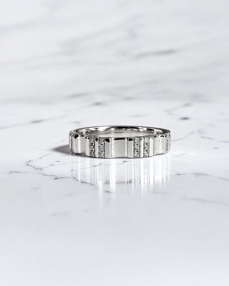 4mm fluted diamond wedding band with 0.17ct round brilliant diamonds in polished gold or platinum.