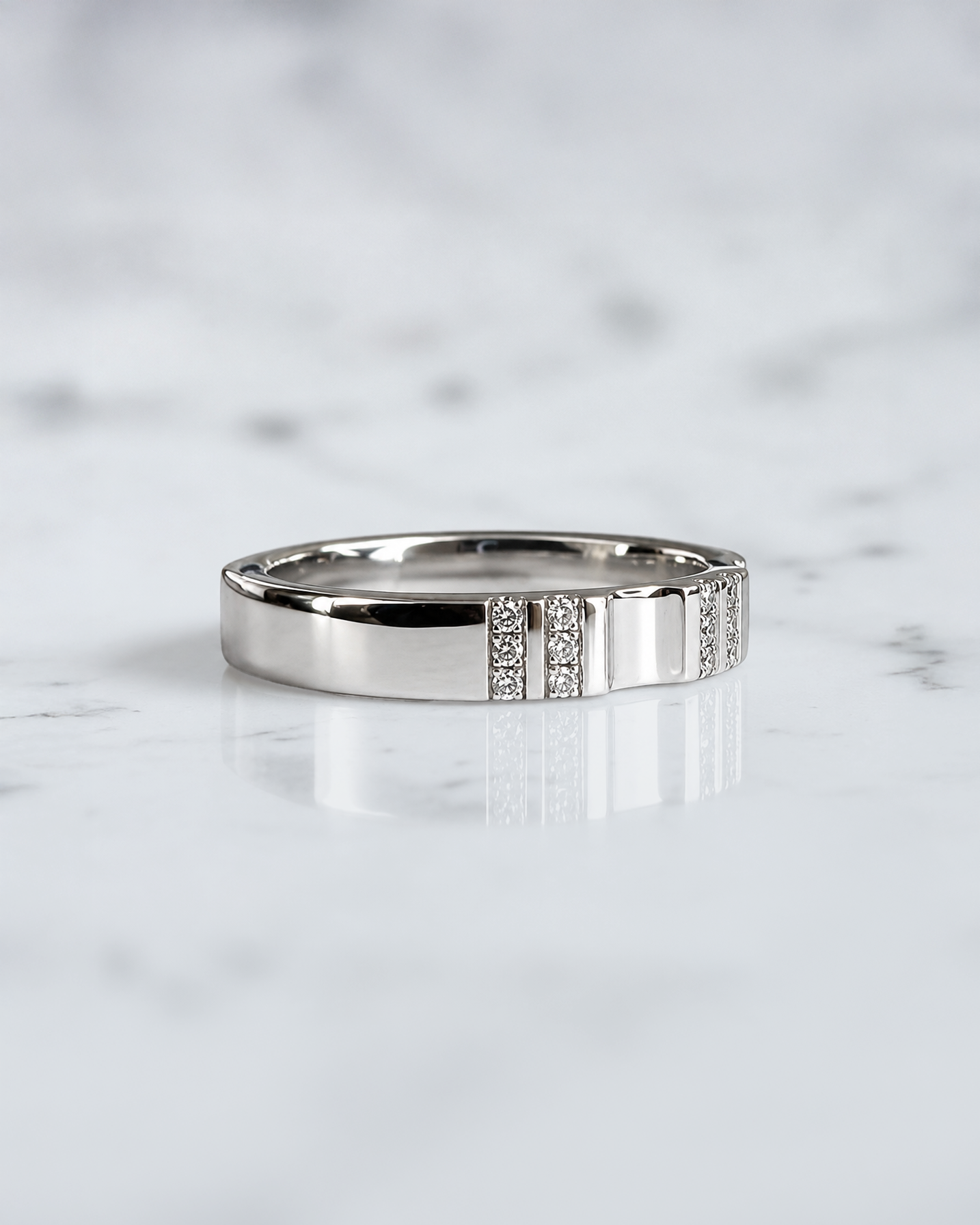 4mm fluted diamond wedding band with 0.17ct round brilliant diamonds in polished gold or platinum.