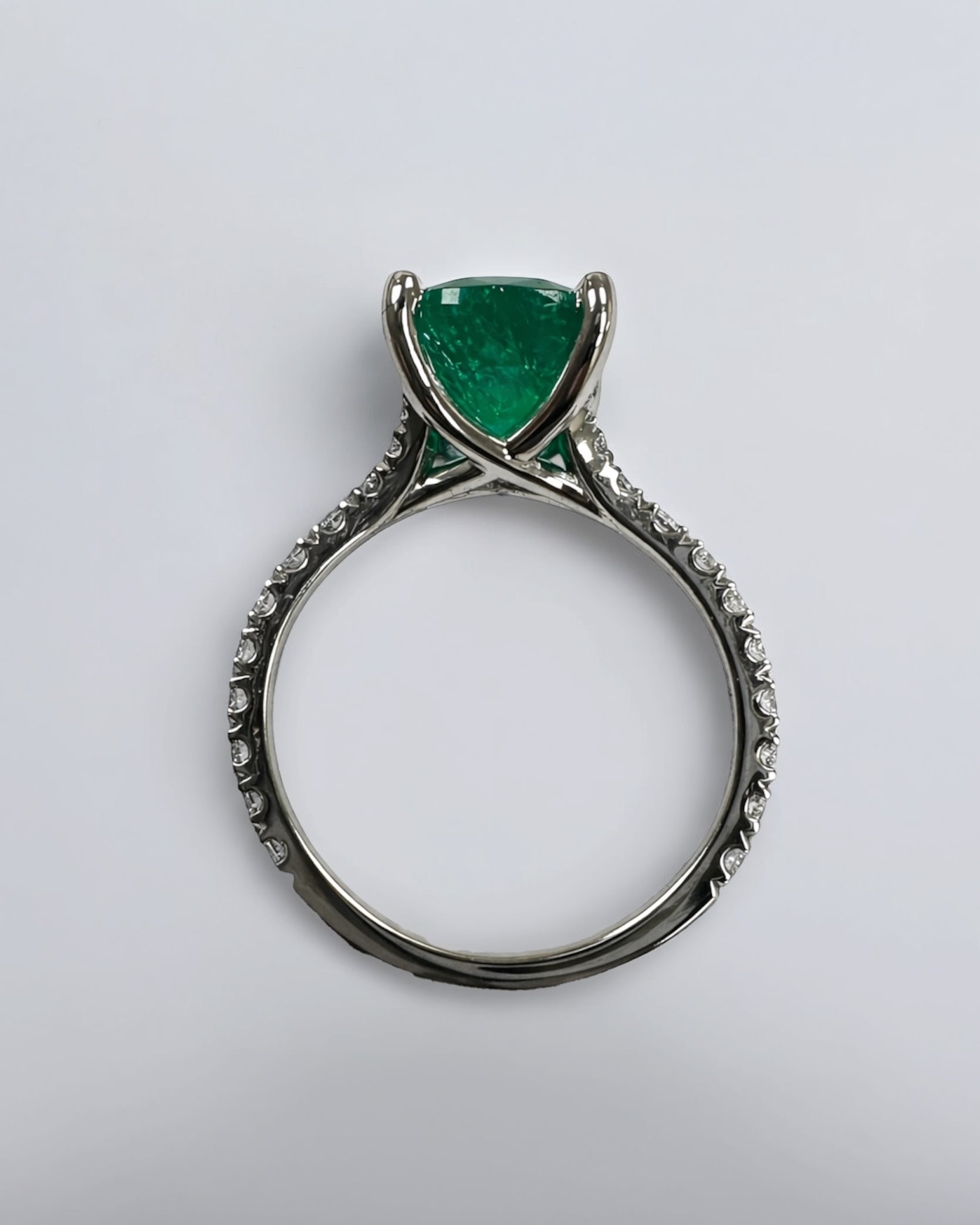 5ct cushion lab grown green emerald statement engagement ring with diamond split shoulder design platinum or 18kt white gold