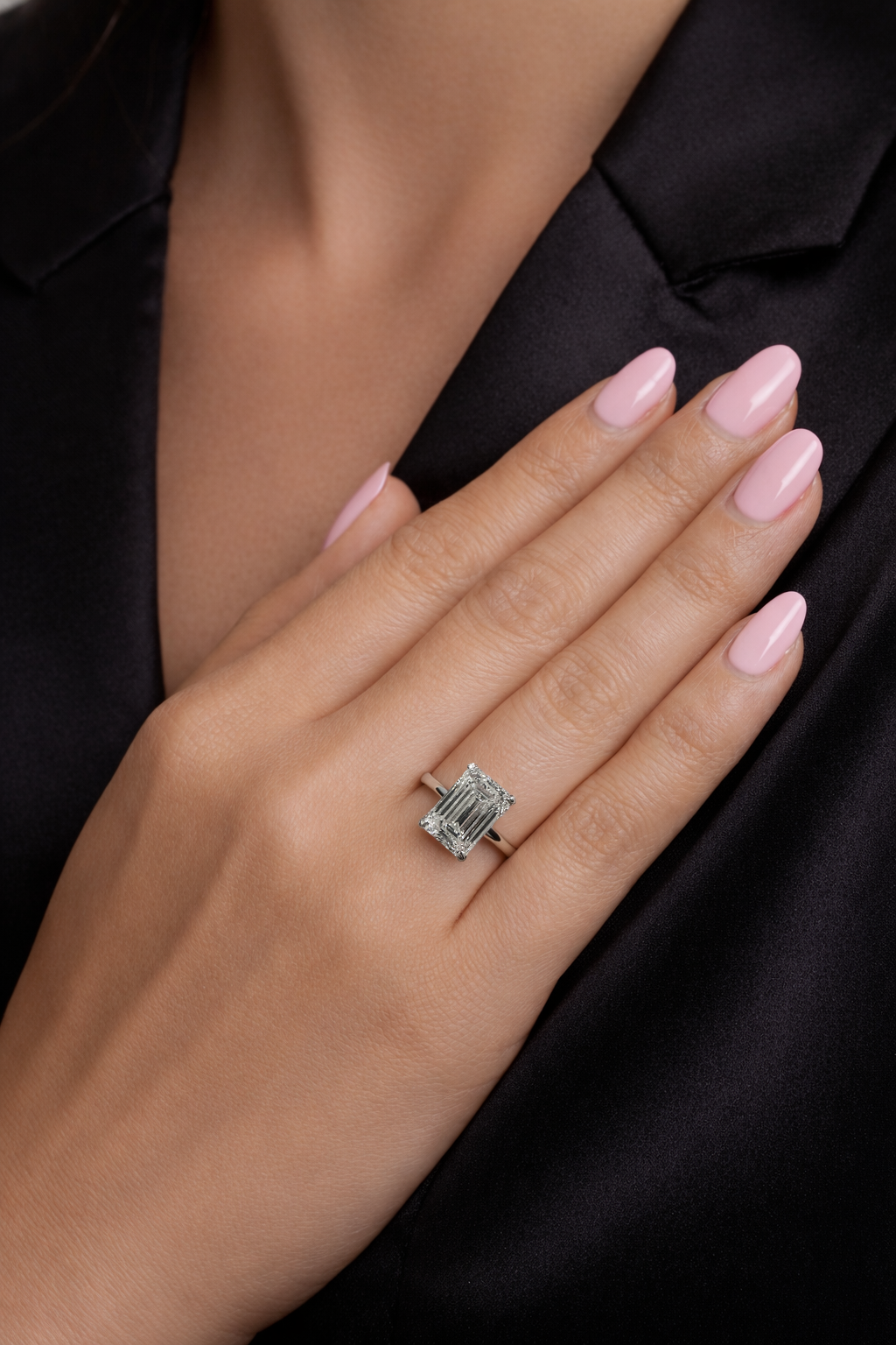 Emerald cut lab grown diamond solitaire engagement ring with hidden halo, 5ct centre stone. 9kt white gold, 18kt white gold, platinum