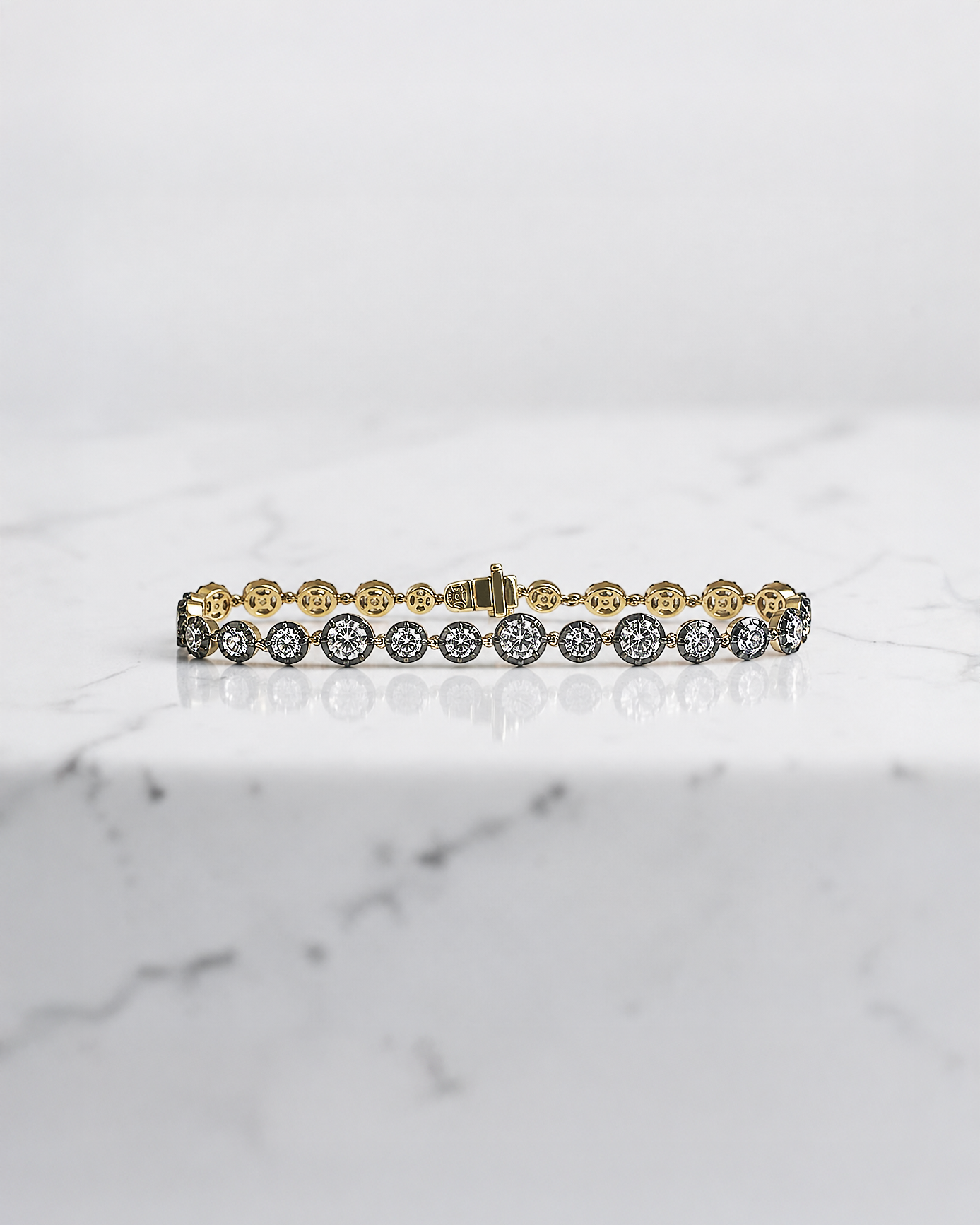 6ct black rhodium bezel set round diamond tennis bracelet in yellow gold
lab grown or natural mined diamonds