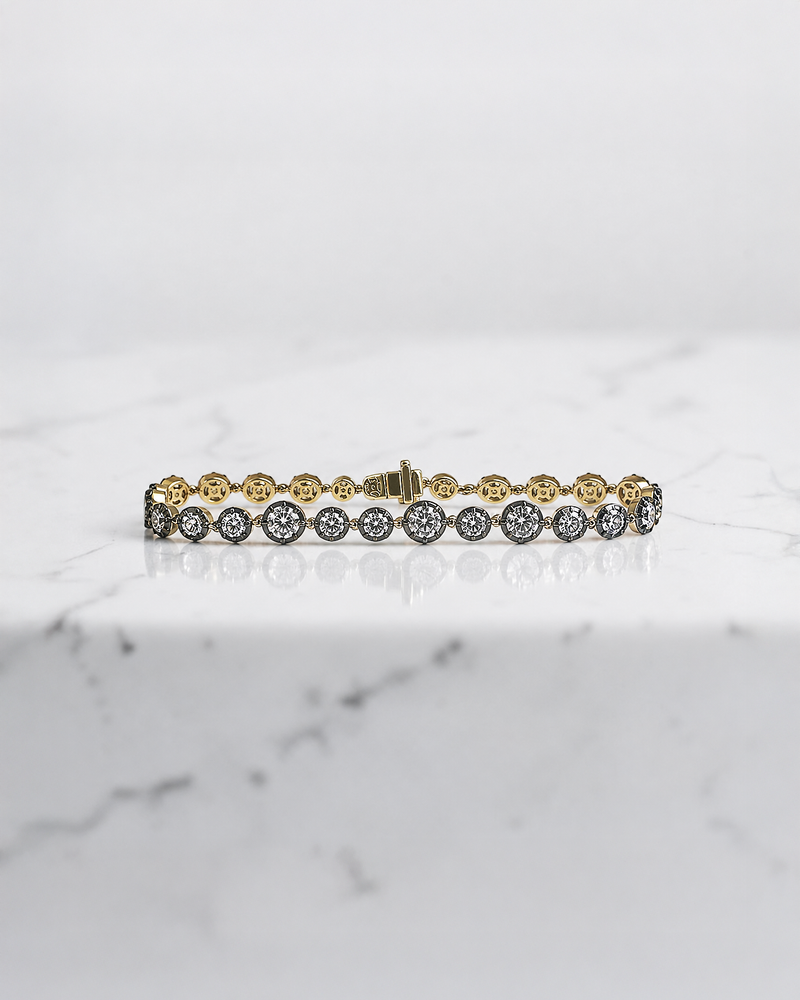 6ct black rhodium bezel set round diamond tennis bracelet in yellow gold
lab grown or natural mined diamonds