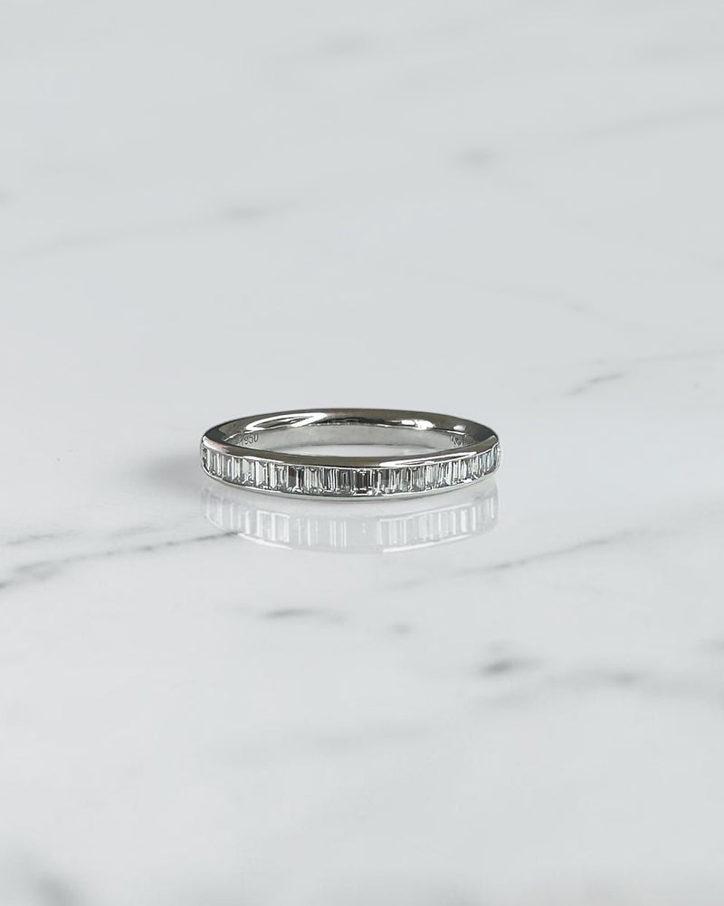 Channel set baguette diamond wedding band with half set baguette diamonds, 2.7mm band, available in 18ct yellow gold, white gold or platinum with lab grown or natural diamonds.