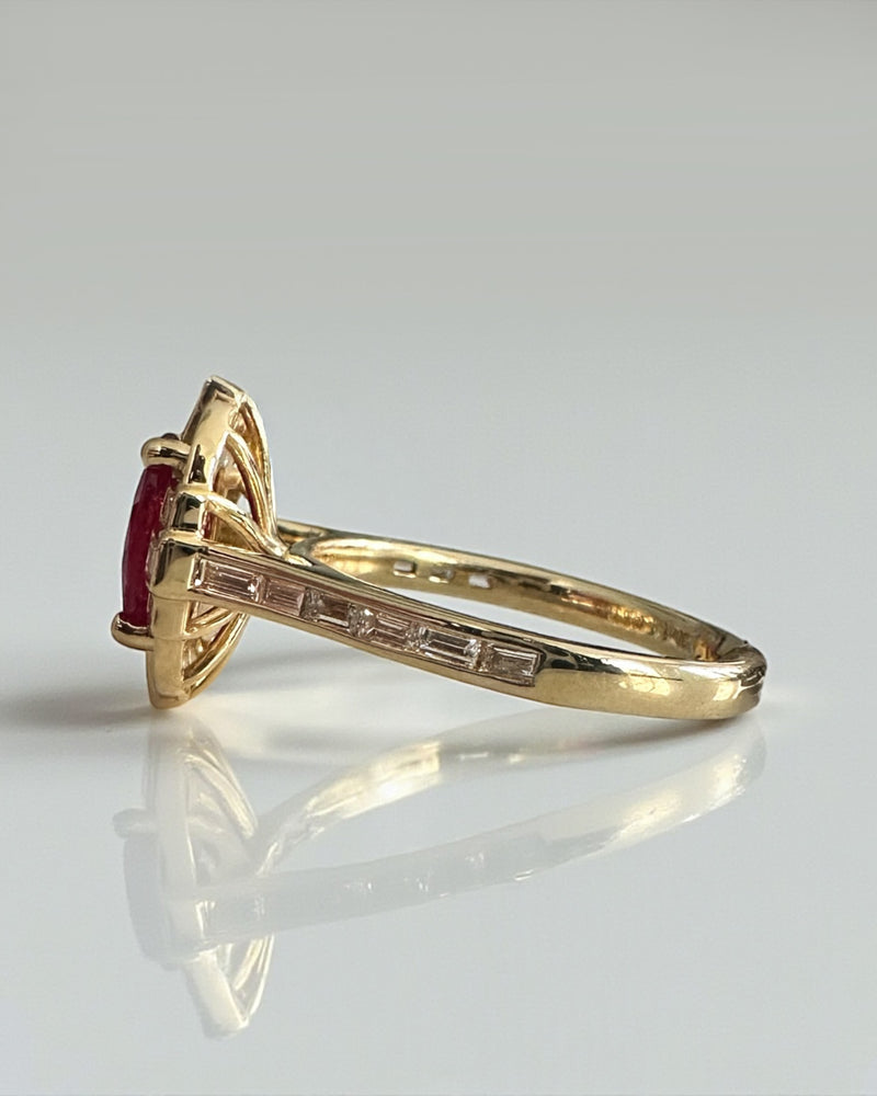 Vintage geometric style natural Ruby oval cut and mined diamond halo engagement ring, 18kt yellow gold