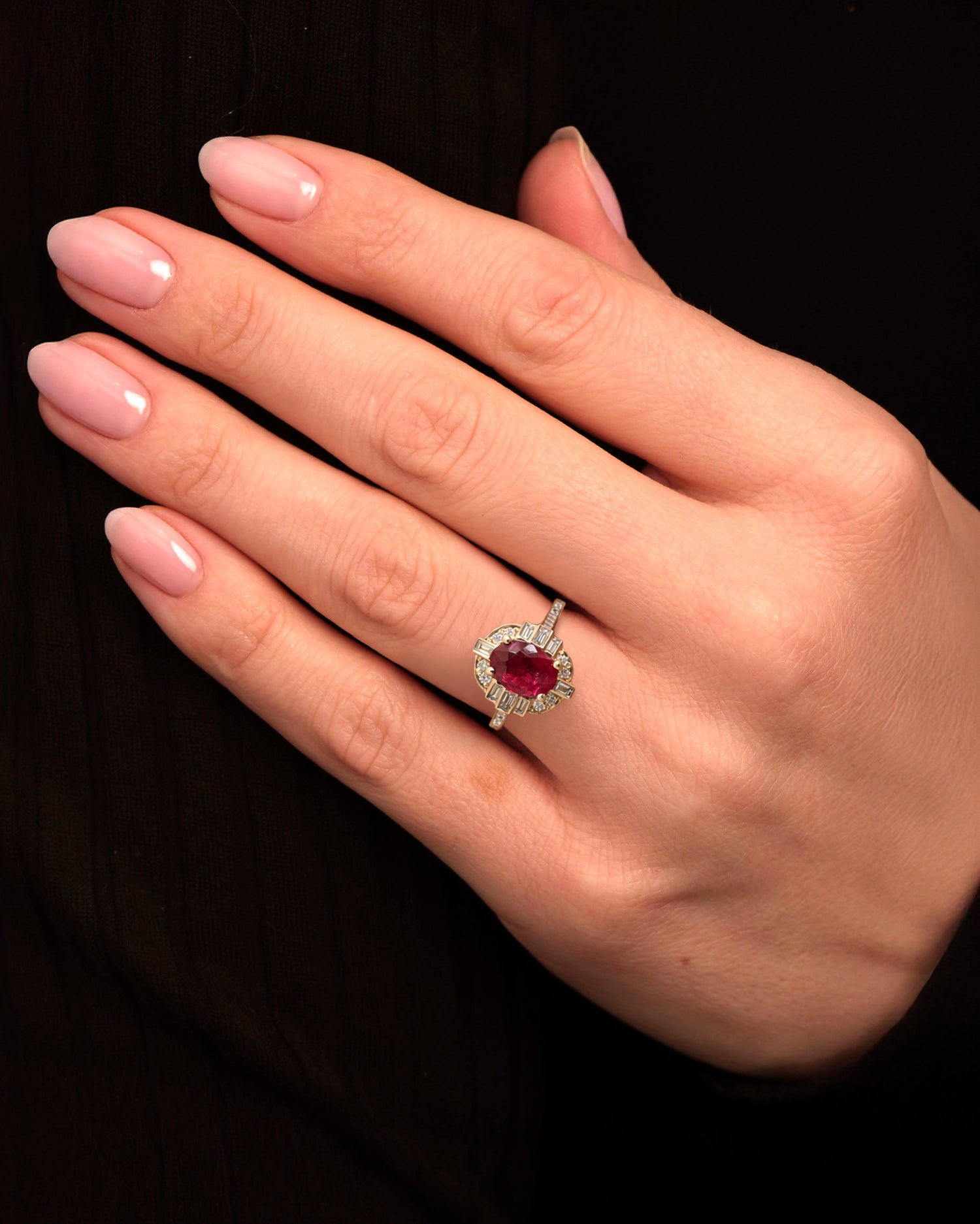 Vintage geometric style natural Ruby oval cut and mined diamond halo engagement ring, 18kt yellow gold