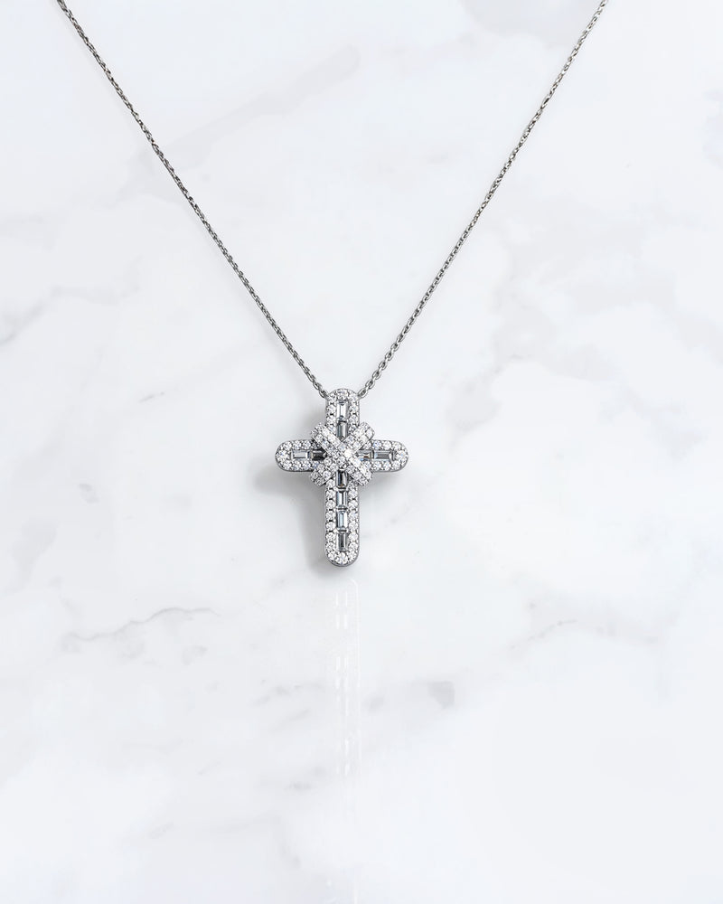 Round and baguette diamond cross pendant necklace 0.69ct in white gold on fine chain London 
