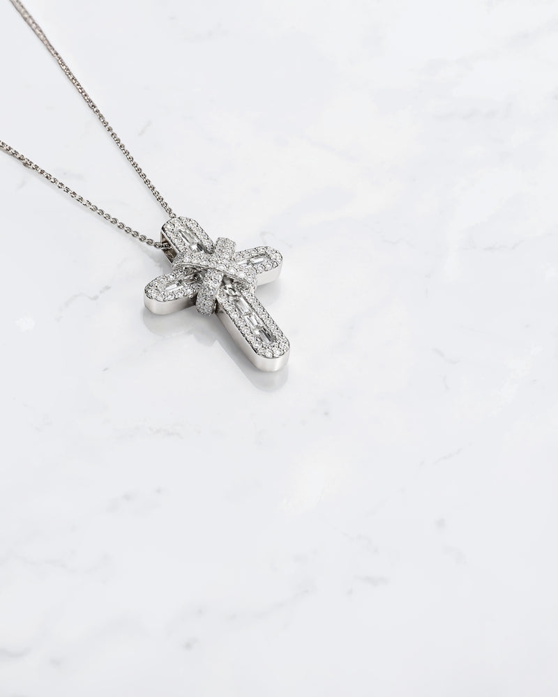 Round and baguette diamond cross pendant necklace 0.69ct in white gold on fine chain London 