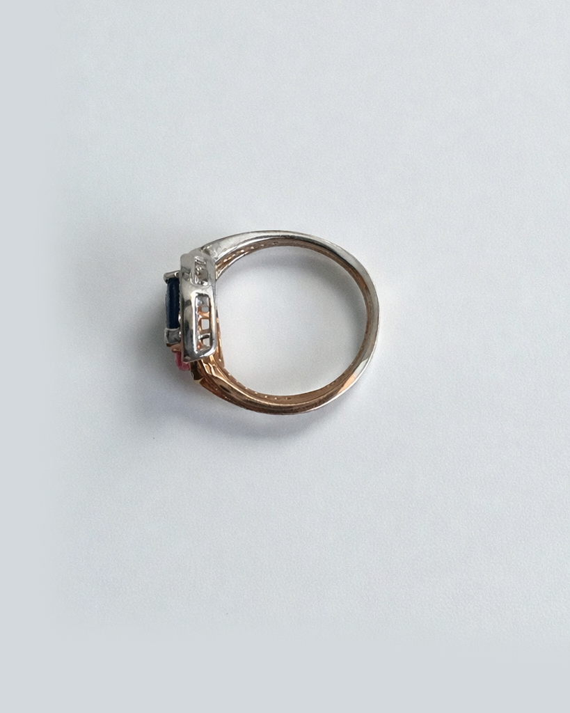 Pink and blue pear cut sapphire two stone ring with diamond halos in 18ct rose and white gold 