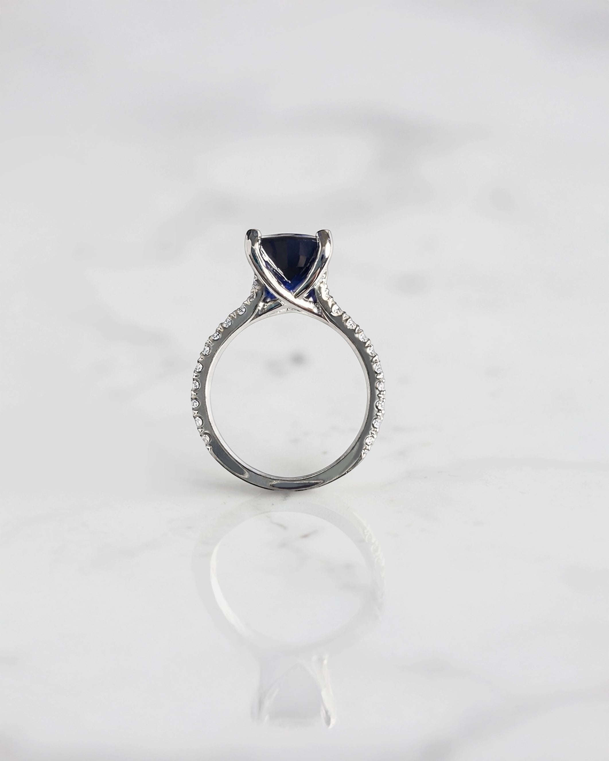 5.80ct elongated cushion cut blue lab grown sapphire engagement ring with diamond split shoulders. platinum or 18kt white gold, made in London