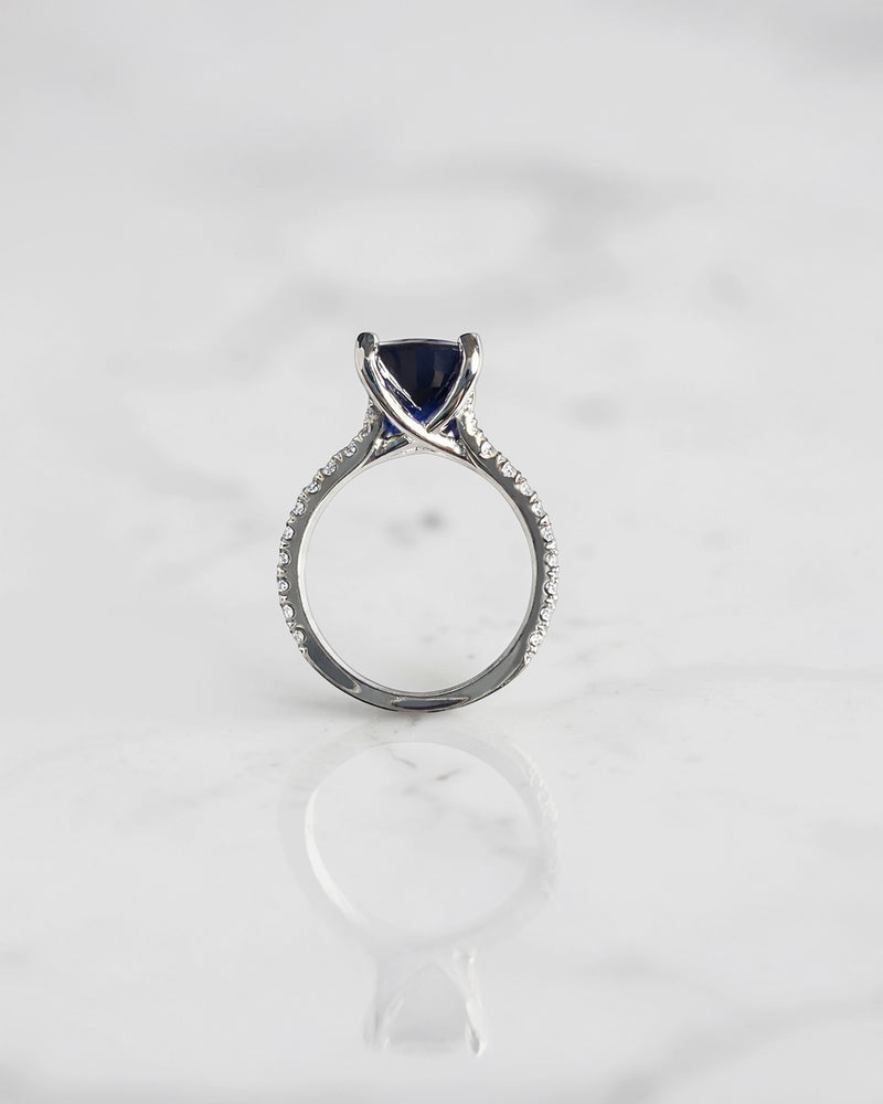 5.80ct elongated cushion cut blue lab grown sapphire engagement ring with diamond split shoulders. platinum or 18kt white gold, made in London