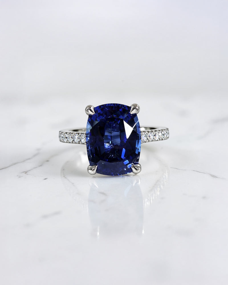 5.80ct elongated cushion cut blue lab grown sapphire engagement ring with diamond split shoulders. platinum or 18kt white gold, made in London