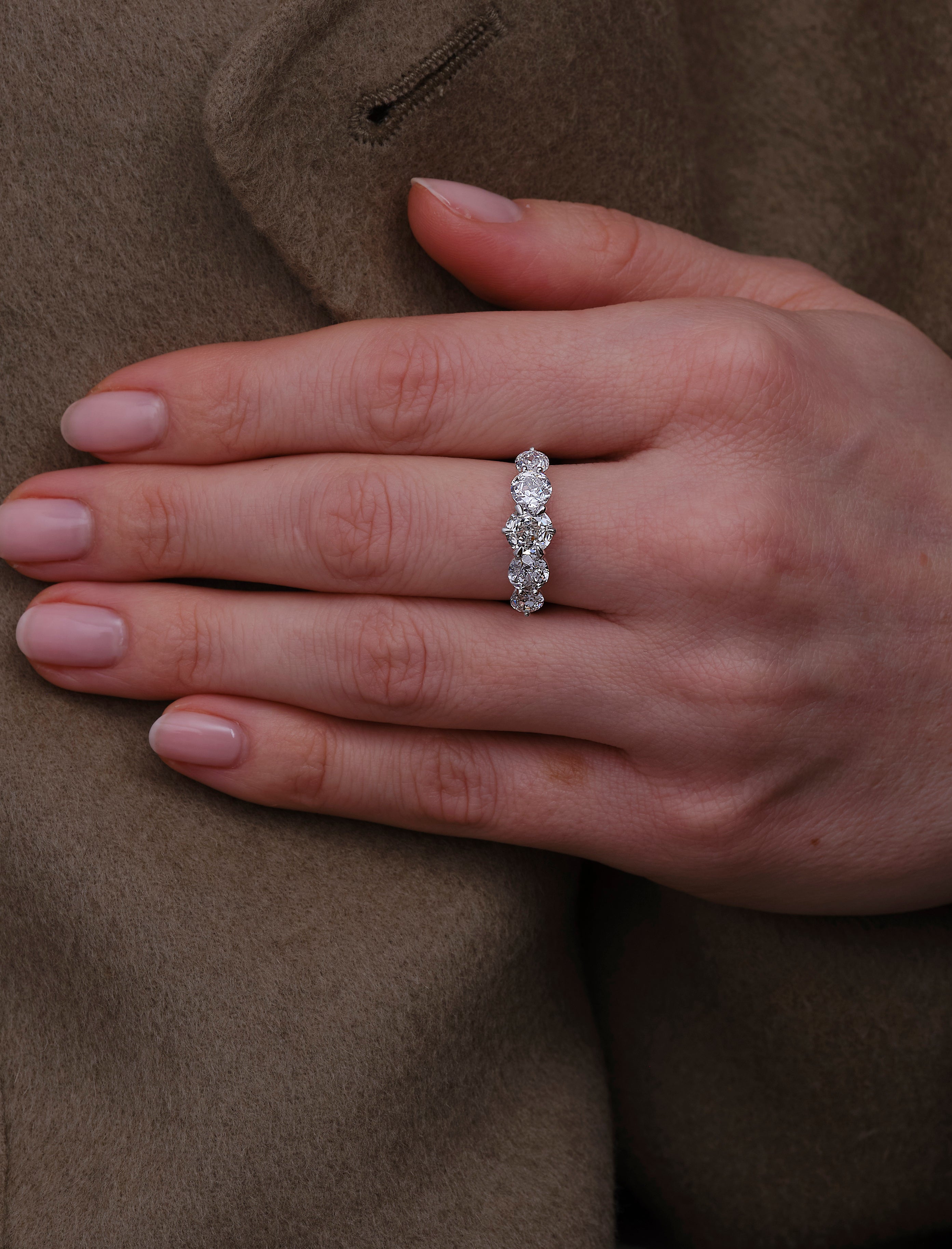 3ct graduated 5-diamond ring worn on a finger, showcasing a classic diamond rings for women design.