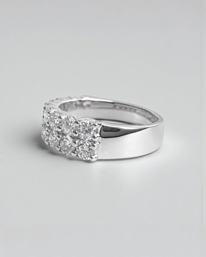 side view of double row diamond eternity ring with round brilliant diamonds arranged in a continuous double row. 9kt or 18kt white or yellow gold or platinum