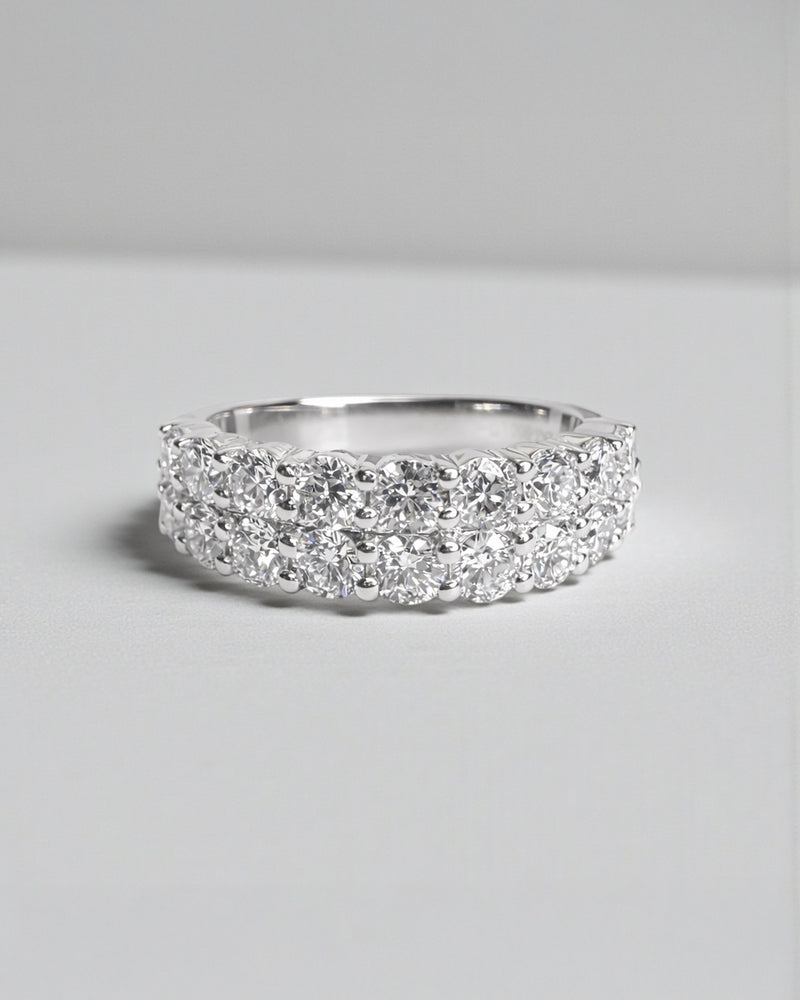 Front view of double row diamond eternity ring with round brilliant diamonds arranged in a continuous double row. 9kt or 18kt white or yellow gold or platinum
