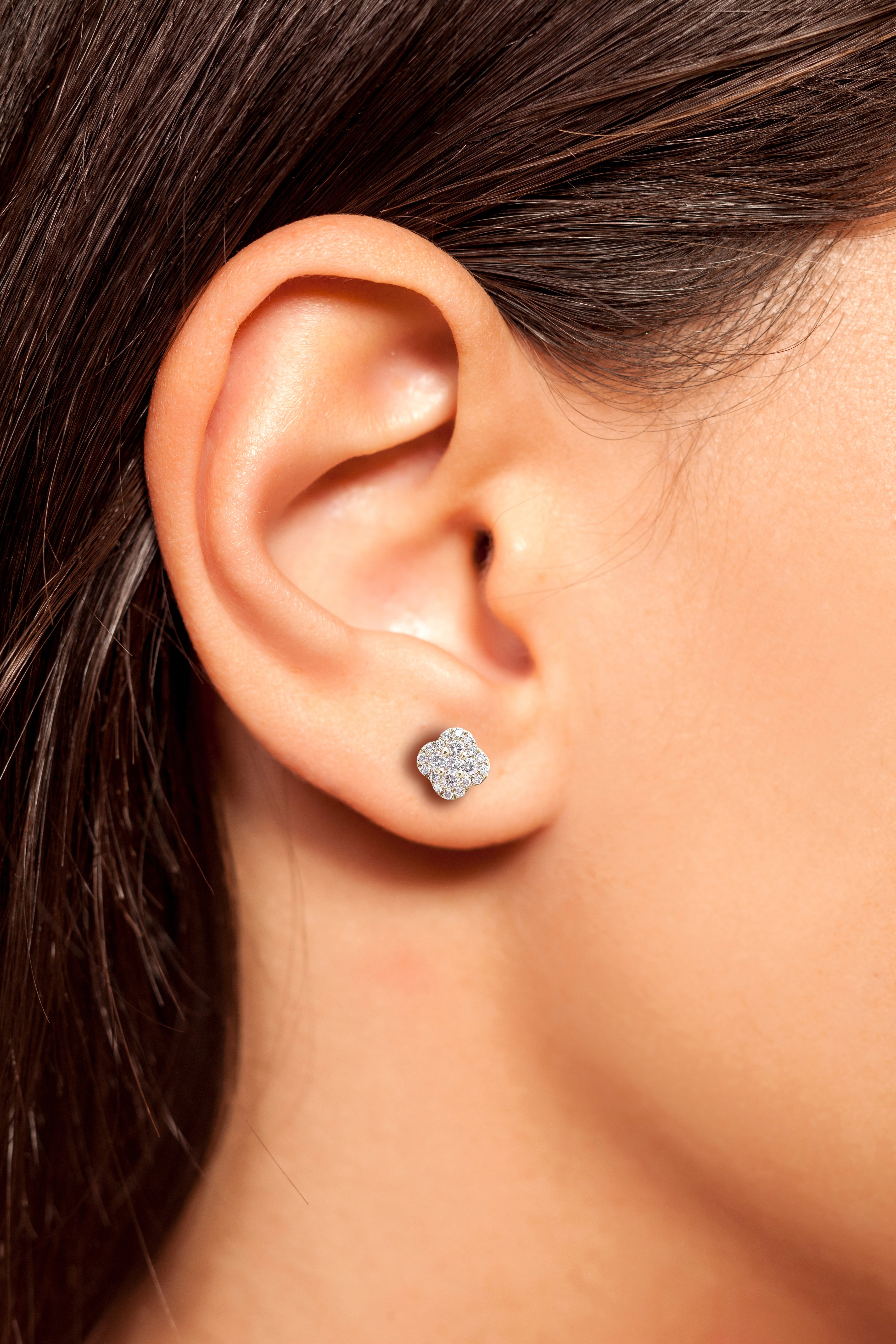 4 leaf clover diamond stud earrings on ear