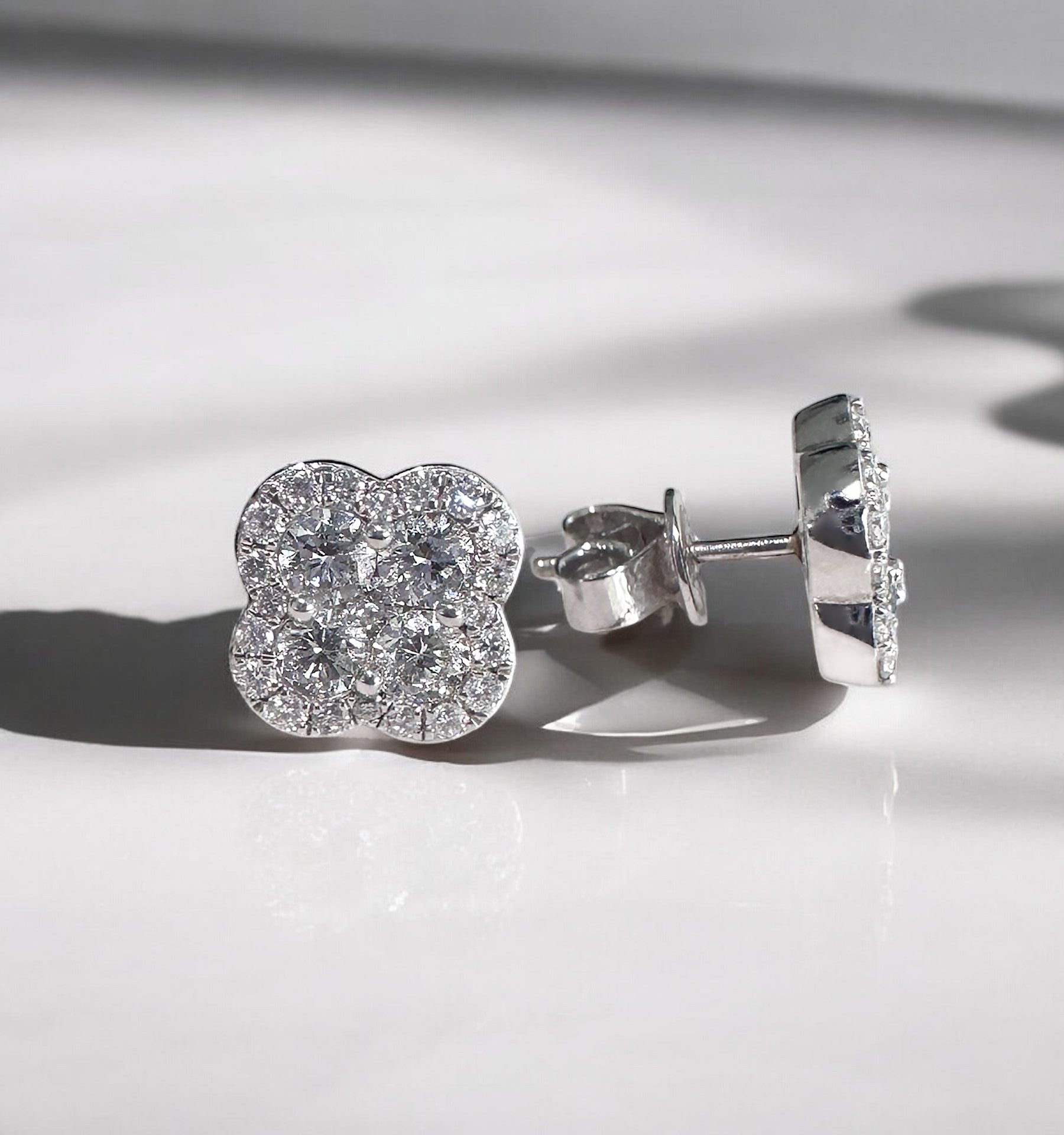 Grande Four Leaf Clover Diamond Stud Earrings on ear