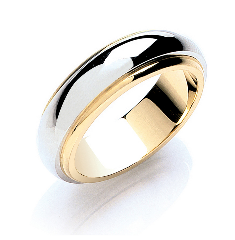 Side profile of the 6mm two-tone D-shape band, showcasing the distinctive multi-level stepped edges in our male engagement band range.