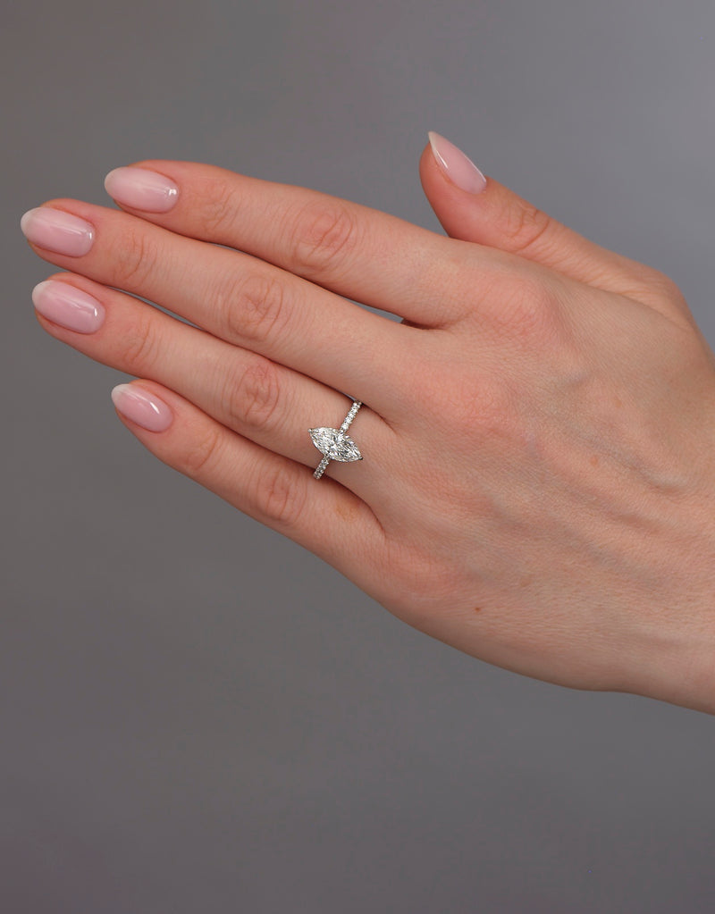 1.70ct Marquise Hidden Halo lab grown diamond engagement rings.