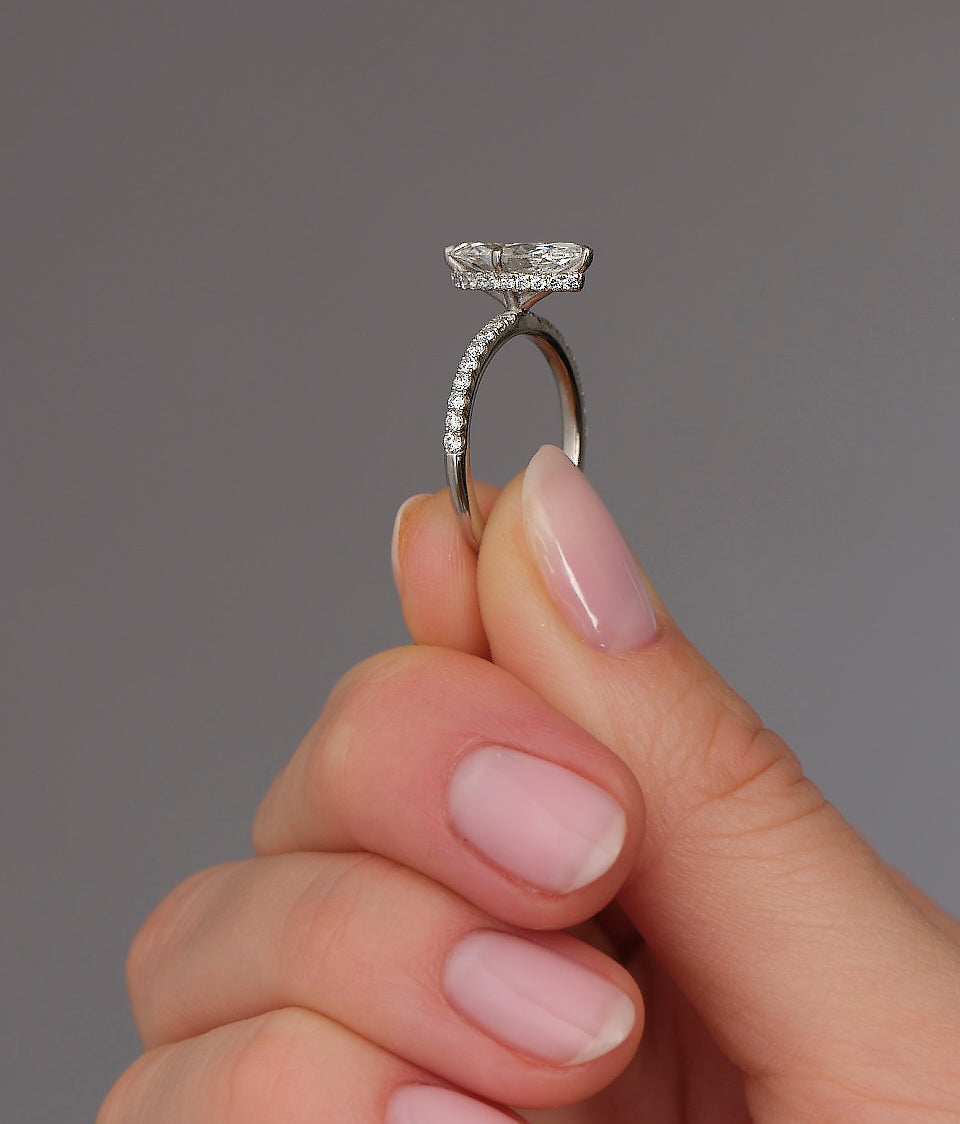 1.70ct Marquise Hidden Halo lab grown diamond engagement rings.